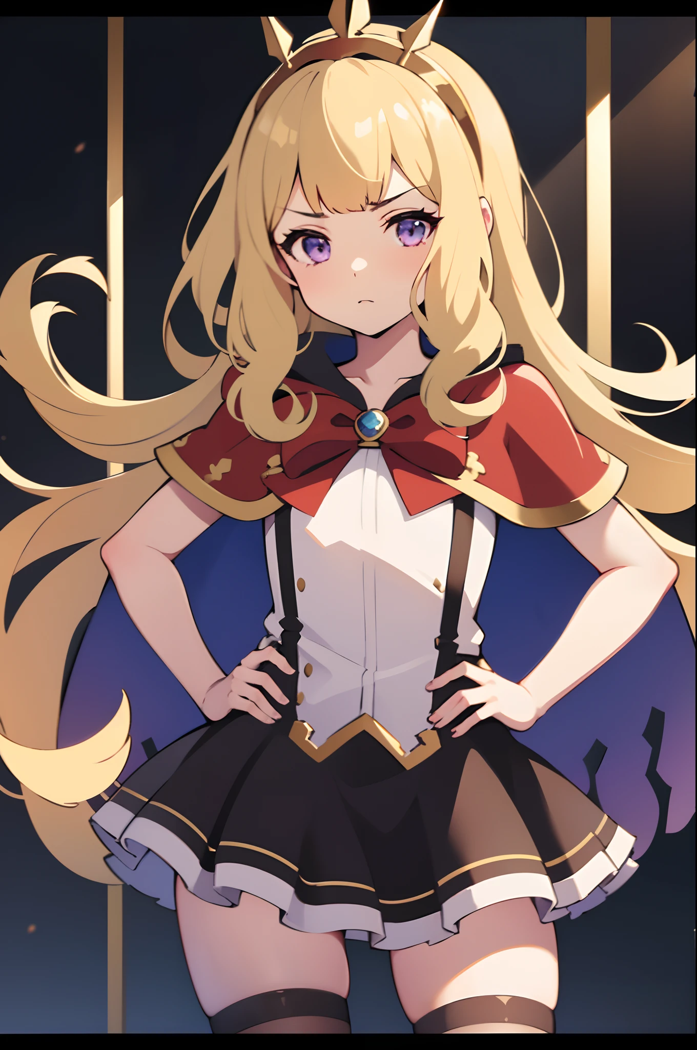 1girl, solo, close-up shot, blonde hair, purple eyes, Cagliostro, long hair, CagliostroBase, hairband, crown, black thighhighs, red bow, red skirt, cape, small breasts, serious, neutral, hand on hips, upper body, looking at viewer, indoors, straight up shot, dark room, dungeon, scenery, black lights white lights, masterpiece, illustration, 8k, best quality