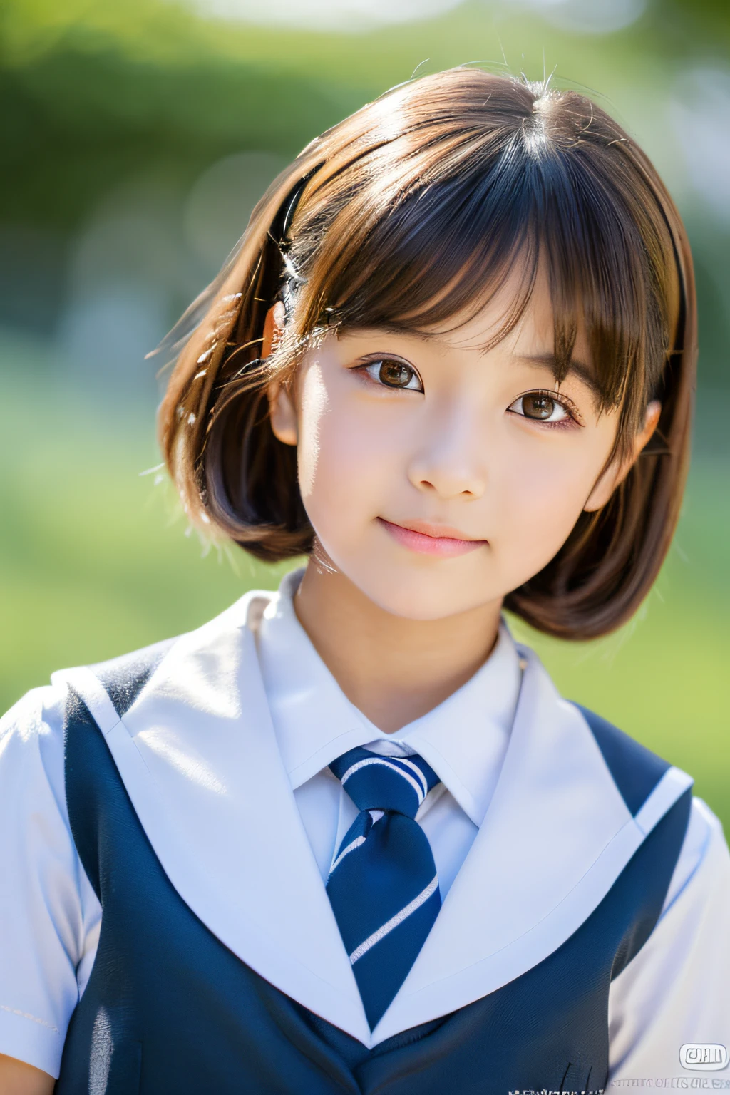 One girl, short hair,Black Hair,smile, summer, room,Sitting on a chair, Legs together,front, Junior high school freshman, Looking up from below,Face close-up, Sailor suit, transparent, (masterpiece, Highest quality), Soft Light, Structure of the film, Cinematic