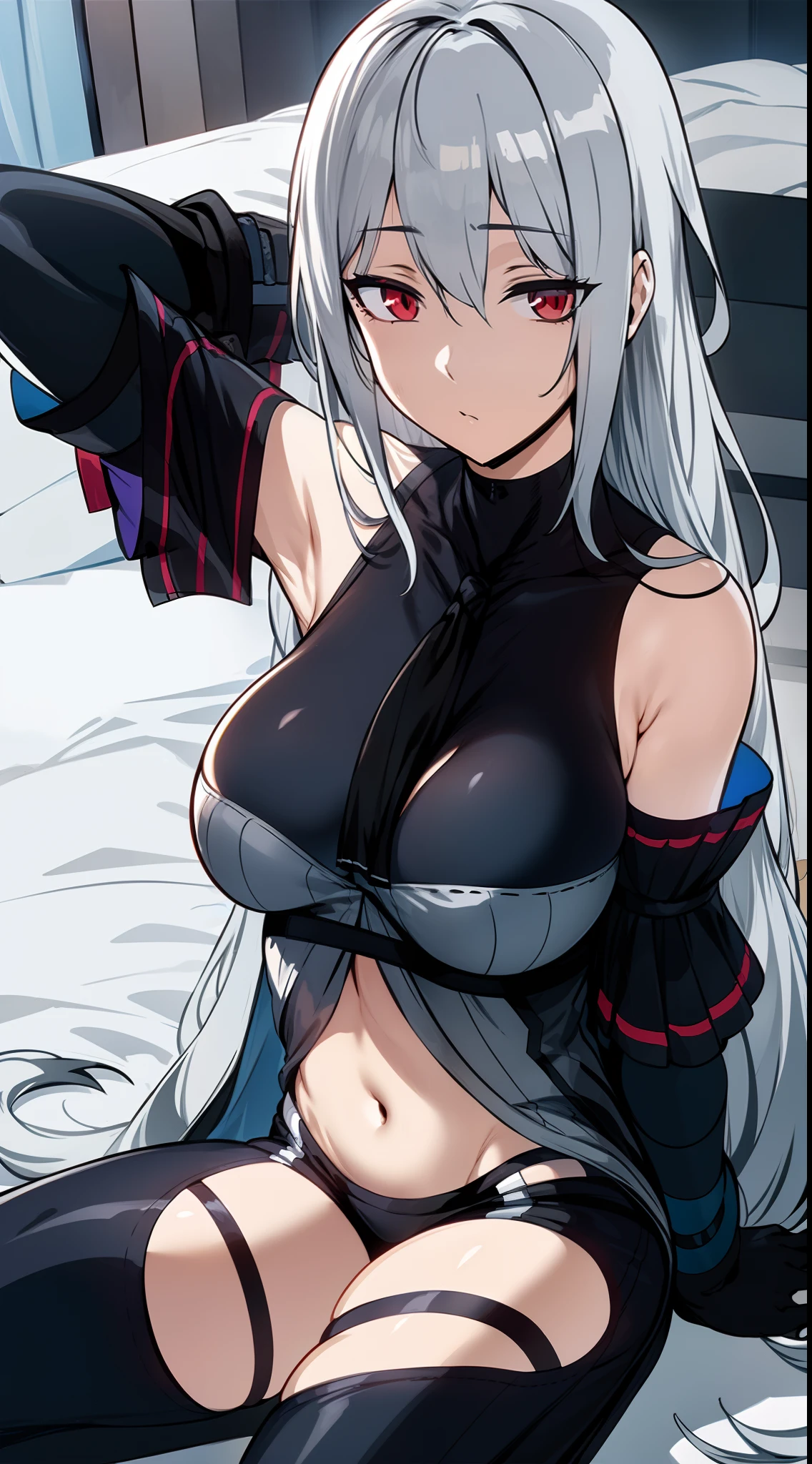 2D, HD, Detailed details, top-quality, ultra-detailed, Highly detailed, masterpiece, best quality, high res, solo, 1girl, skadi, gray hair, red eyes, long hair, depth of field, looking at the viewer, anime-styled, (large breasts), expressionless, close mouth, shiny skin, ((hand over head)), sitting, arms_up, on bed