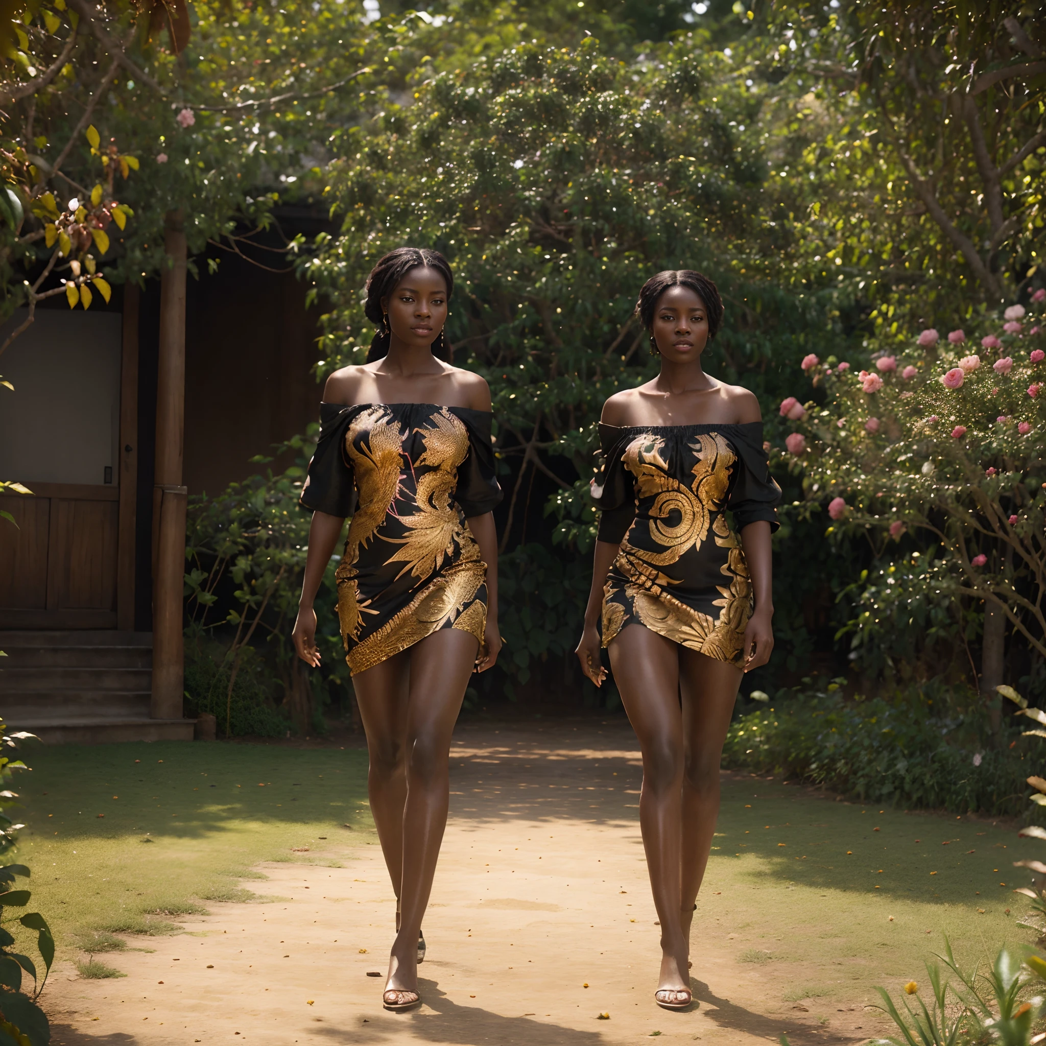 Beautiful black woman dressed in an African designed silk soft dress walking in a rose golden tea garden, shining with beautiful light piercing through, with iridescent light, highly detailed images, vibrant beautiful colours, photorealistic image, 32k, ultra HD, unreal engine rendered, cinematic lighting, artgerm style,