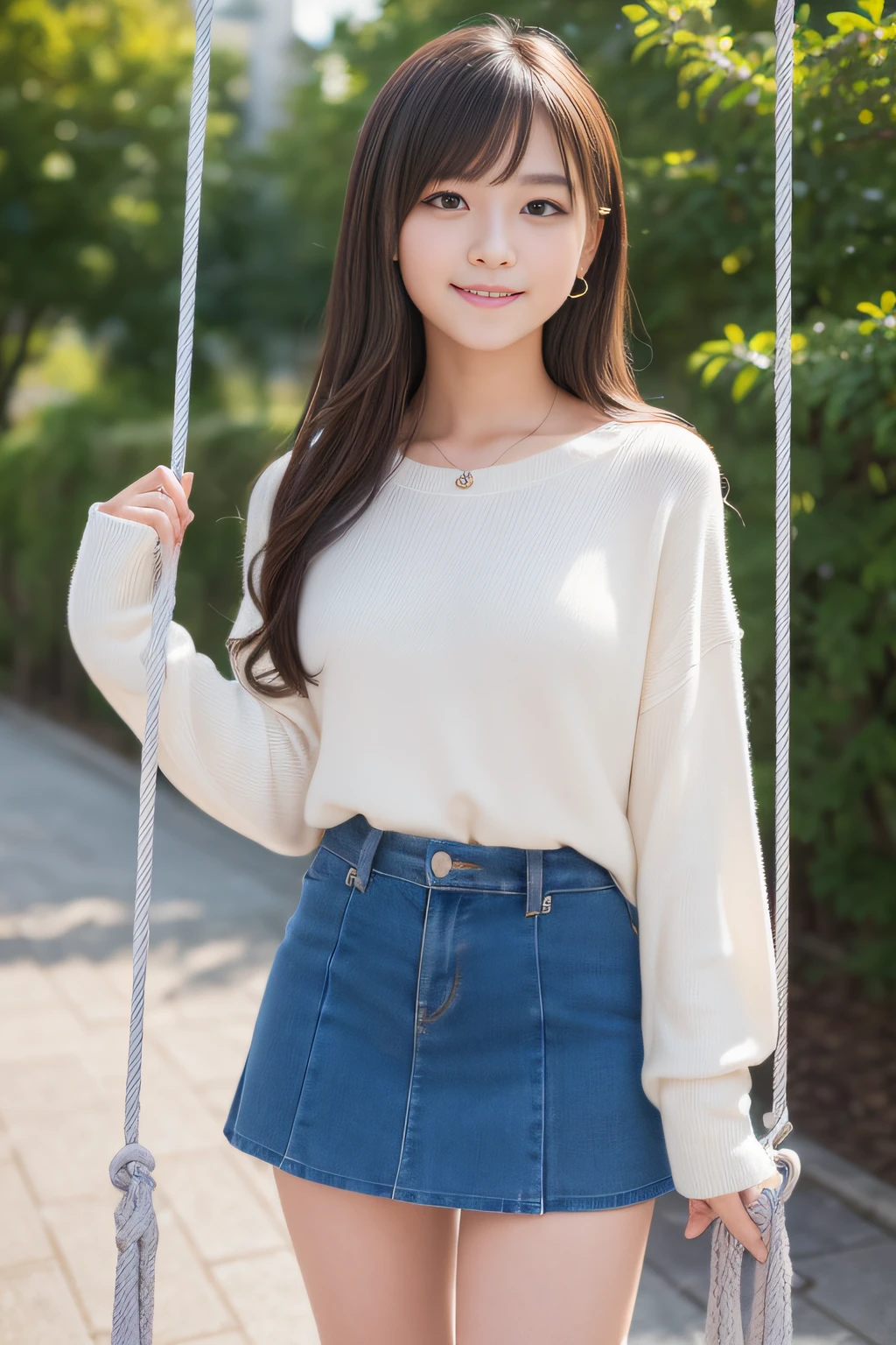 (8K、Raw photography、top-quality、masterpiece:1.2)、(masterpiece,top-quality,超A high resolution),A Japanese Lady, Kawaii Girl、beautifull detailed face,View photographer、,extremely detailed eye and face, Sharp pupils, Natural makeup,slick hair, Professional Lighting,Happy smile、lipgloss、(((Very cute girl)))、(((Everyday clothes、a miniskirt))),(((swing)))