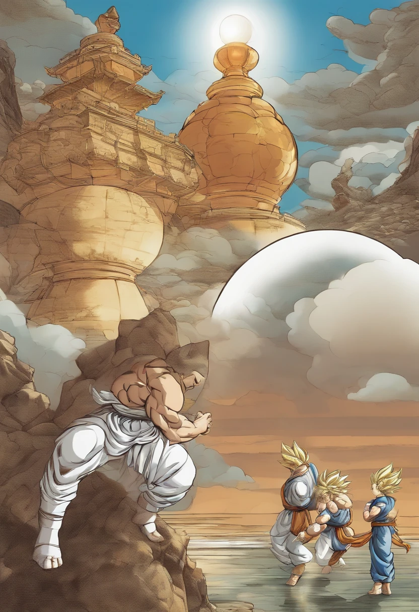 Dragon Ball manga, manga book, Comic storyboard: 1.8, Comics_layout, Super Saiyans around the world", (isolation: 1.1), (glaze: 1.1), (reflective light: 1.2), glass, polygon, Ultra detailed, Intricate, oil on the canvas, Dry brush, (surrealism: 1.1), (Disturbing: 1.1), Enhanced detail., 32K ,Ultra HD, Comics-like panel layout, Voice balloons, English text, Hand drawn audio stickers used in comics.