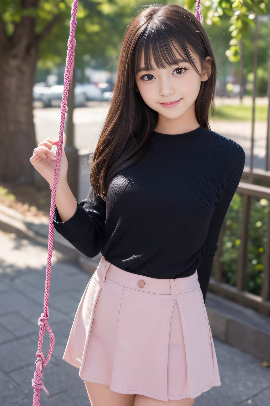 (8K、Raw photography、top-quality、​masterpiece:1.2)、(​masterpiece,top-quality,超A high resolution),A Japanese Lady, Kawaii Girl、beautifull detailed face,View photographer､,extremely detailed eye and face, Sharp pupils, Natural makeup,slick hair, Professional Lighting,Happy smile、lipgloss、(((Very cute  girl)))、(((Everyday clothes、a miniskirt))),(((swing)))