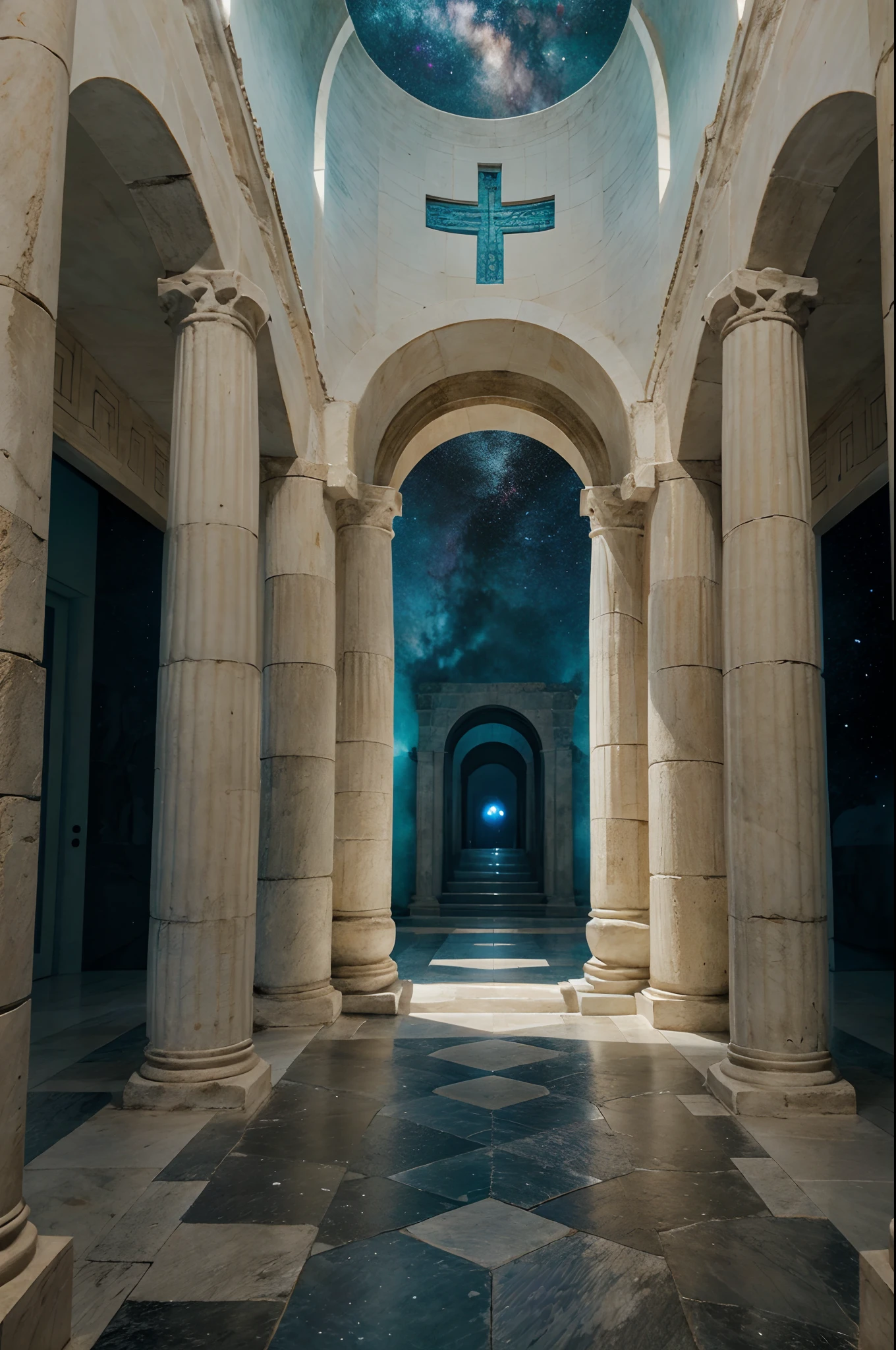Utopian Greek temple with space with a wide stone corridor, teto aberto e amplo, A statue of the goddess at the end of the hallway and galaxies in the background, se combinar pode colocar uma tochas com chama azul ao longo do corredor