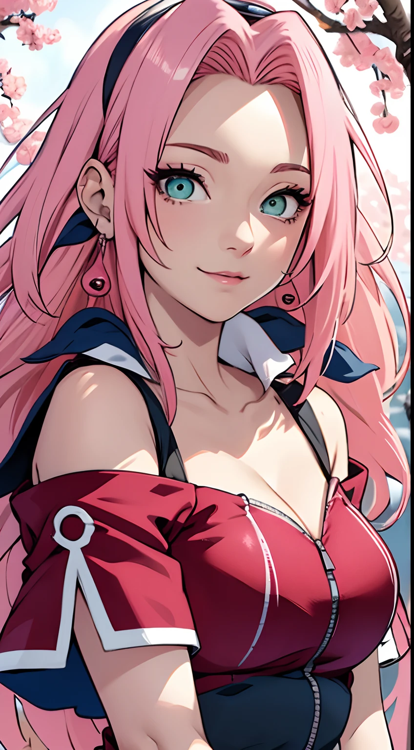 tmasterpiece, Best quality at best, 1girll, Sakura Haruno, Large breasts,Off-the-shoulder attire,(cleavage),(upperbody closeup),Raised sexy,is shy,ssmile,with pink hair, long whitr hair, (Green eyeballs:1.4), Forehead protection, the cherry trees,Cherry blossoms flying,Red clothes,Zipper half
