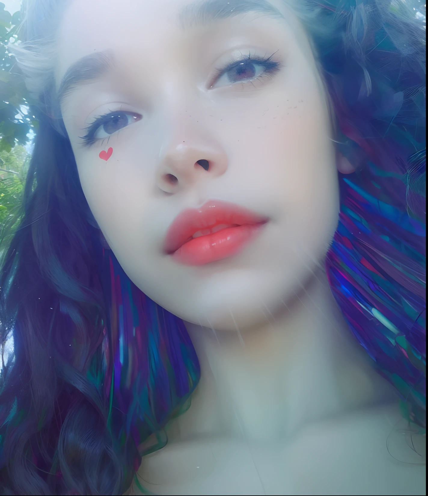 Garota de cabelo cacheado, cabelo cacheado, cabelo preto e cacheado, Girl with a heart draws on her cheek, red-lips