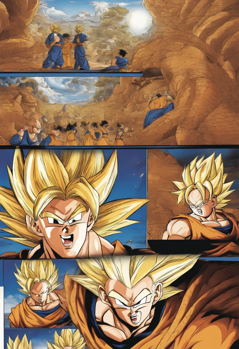 Dragon Ball manga, manga book, Comic storyboard: 1.8, Comics_layout, Super Saiyans around the world",