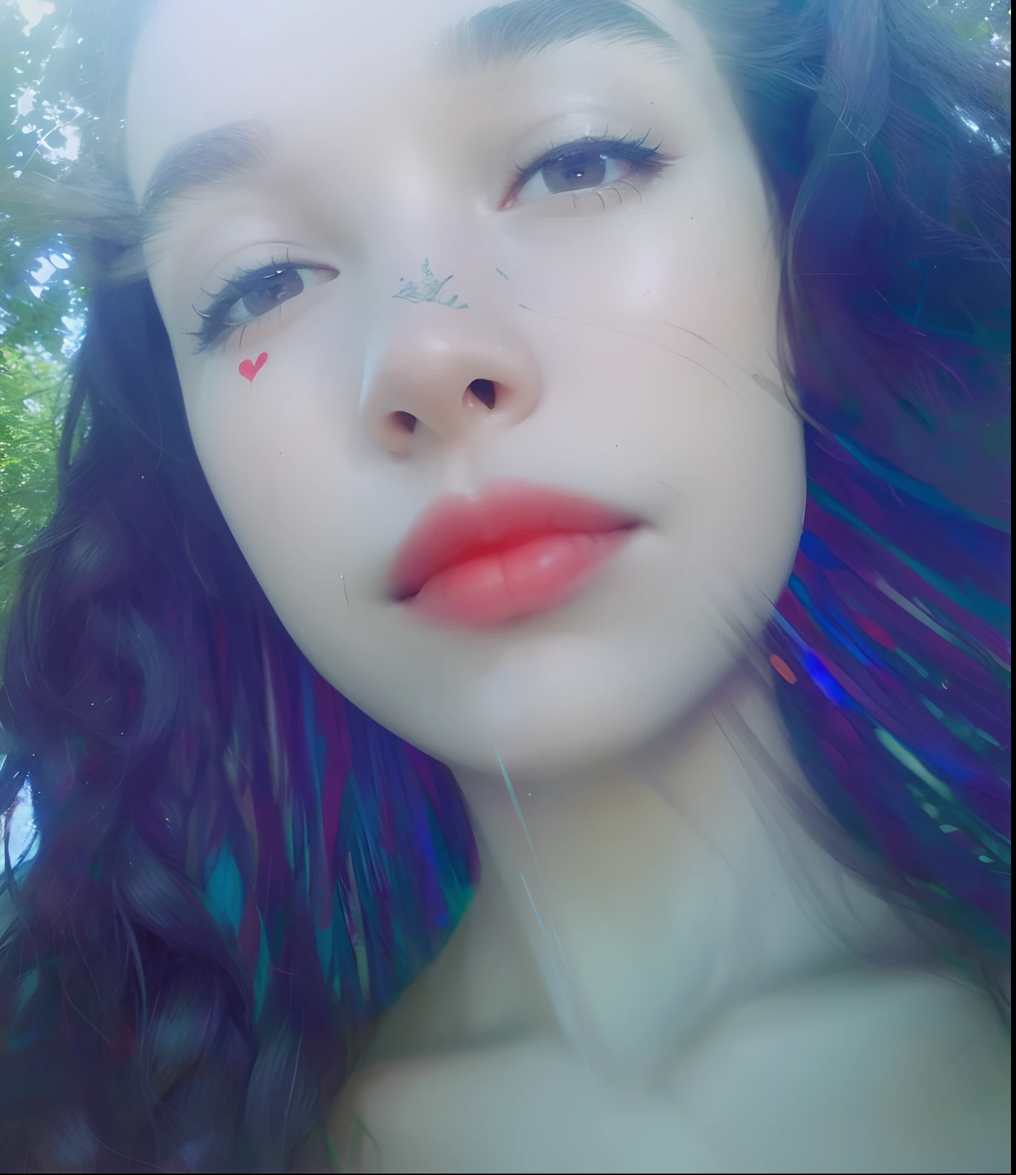 Garota de cabelo cacheado, cabelo cacheado, cabelo preto e cacheado, Girl with a heart draws on her cheek, red-lips