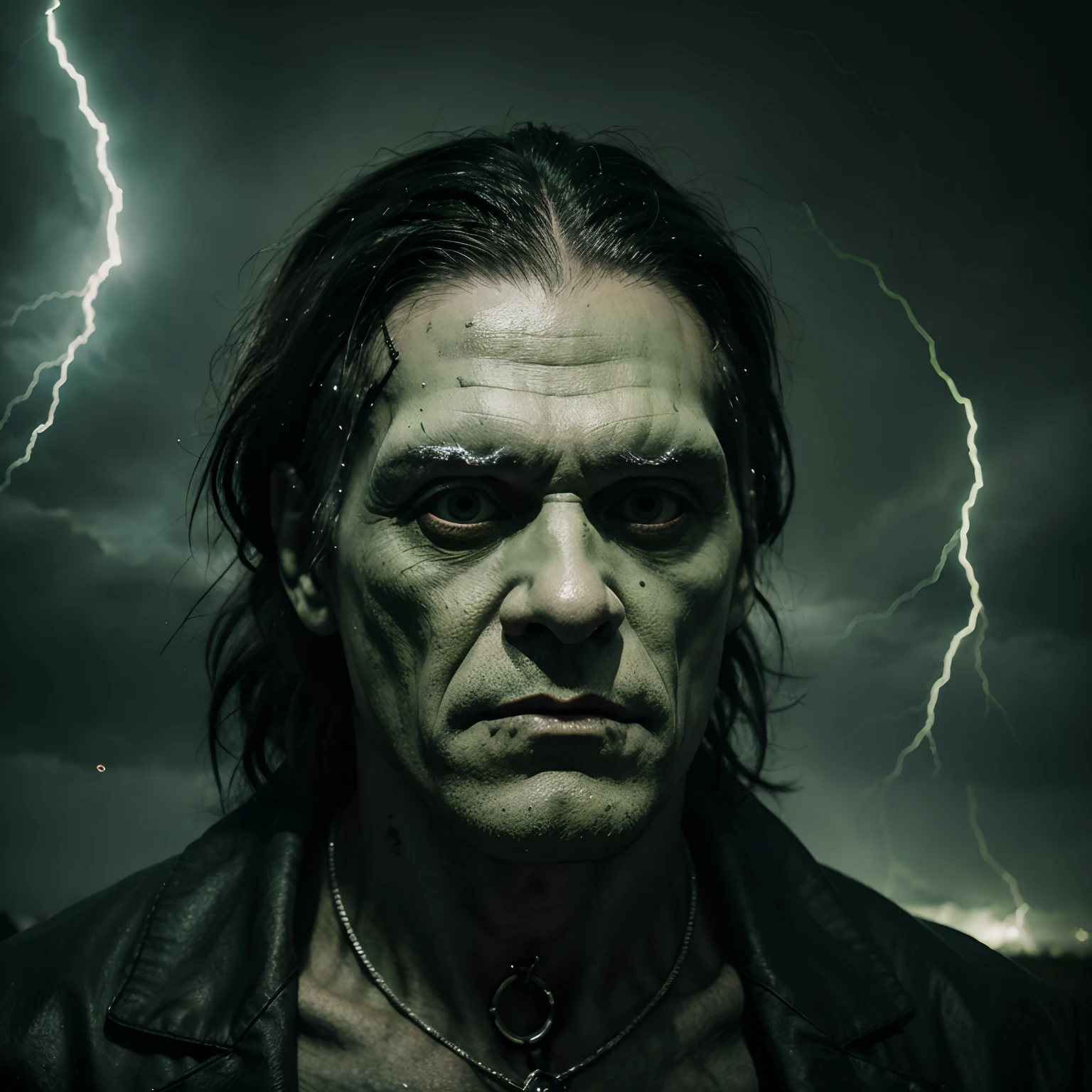 Frankenstein's Monster、Genetic manipulation、Green and white tones、horor、gotik、Hans Rüdi Giger、an alien、3-point live method、Oil Painting、Best Quality、thunderstorm、hight resolution、foco nítido、surrealism