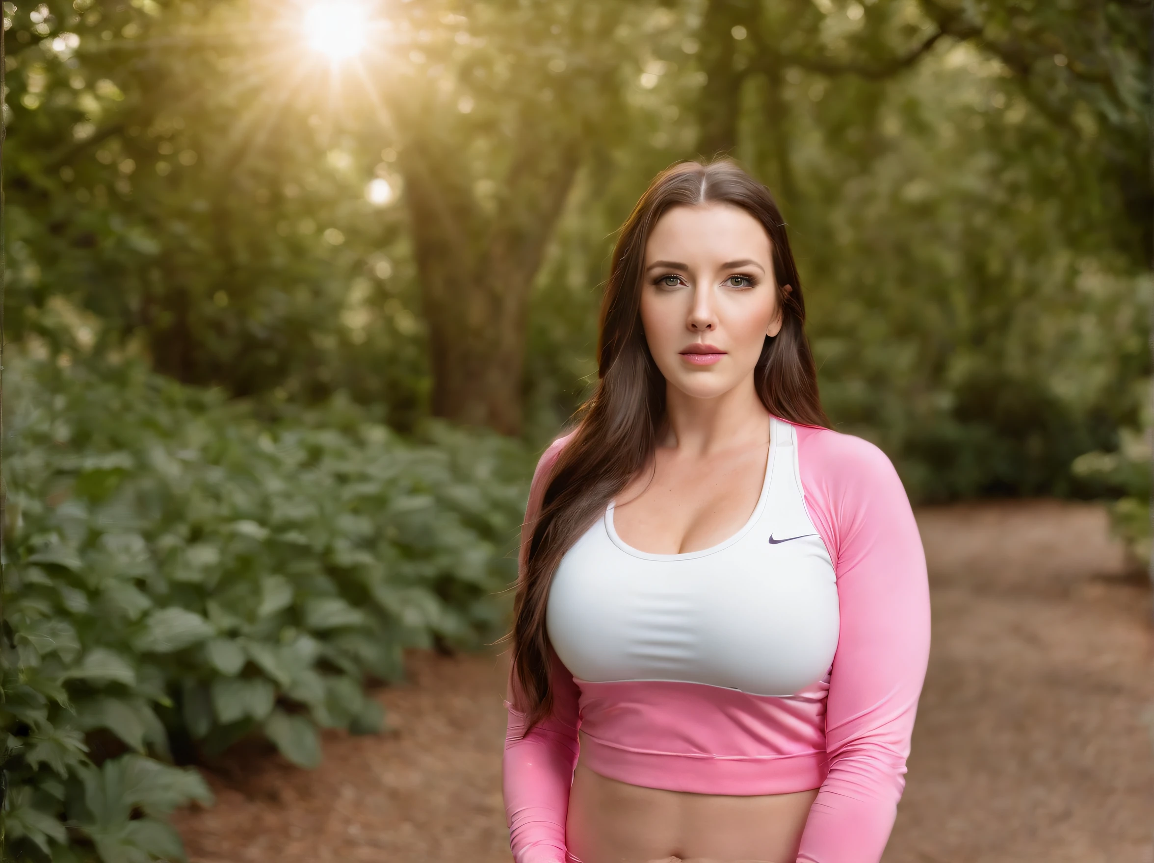 hyper realistic photo of Angela White, (wearing a jogging outfit, pink leggings, white top), in a botanical garden park, jogging, natural light, natural lighting ((late afternoon sun)), soft shadows, digital photo (filter: lomo) (big boobs) (best eyes)