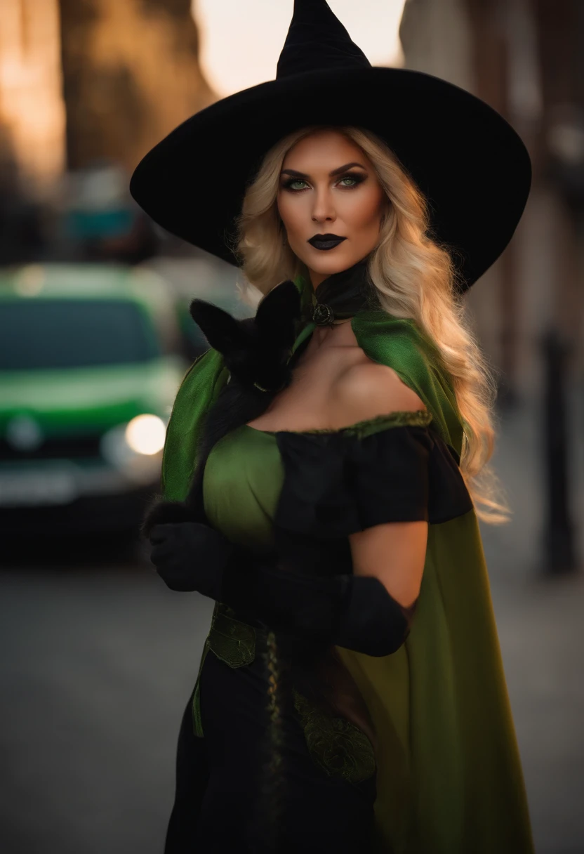 In the streets of the city walks a feline woman with blonde hair wearing a witch hat,, green eyes. Dressed in a witch costume,green and black, she displays her strong, athletic arms by posing for the camera. Sunset. --auto --s2