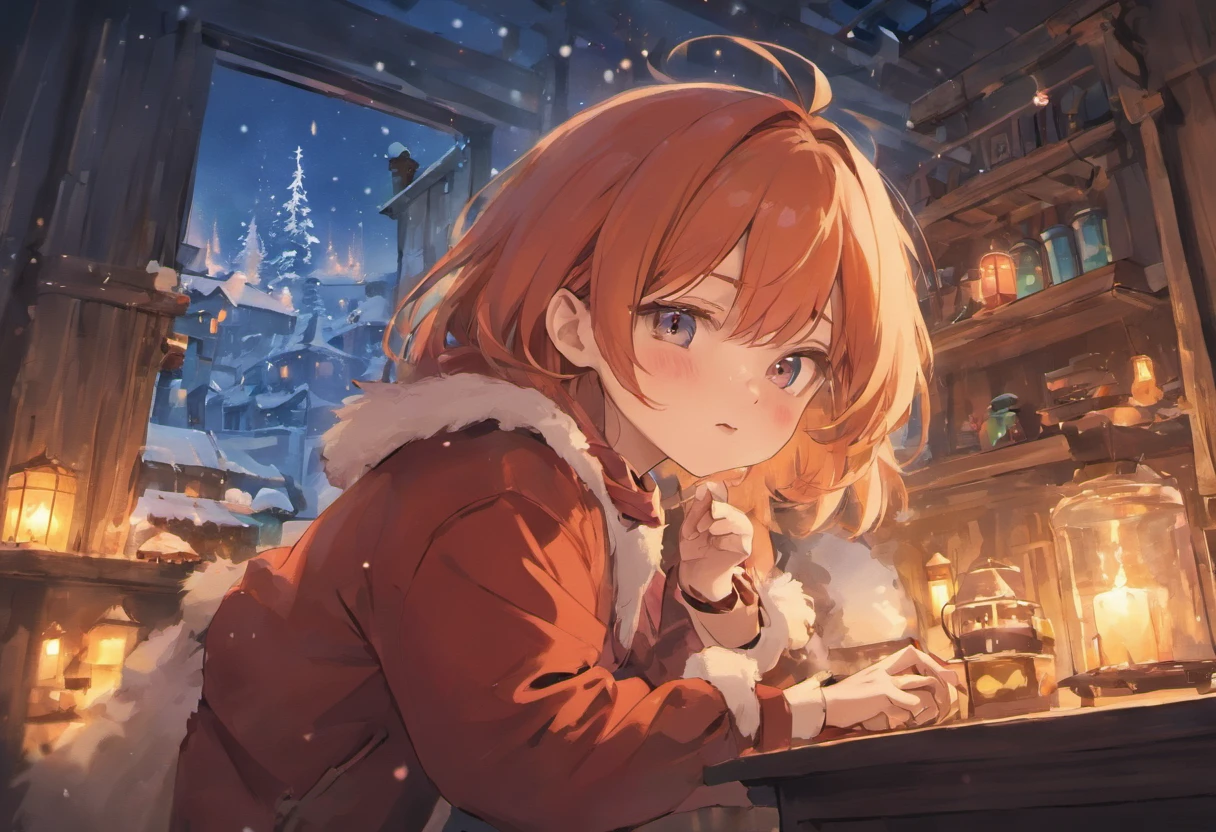dark circles、kawaii、Winters、The warm、Laughing、outside of house、Christmas、warm color、发光、in a house、Bears of different colors、