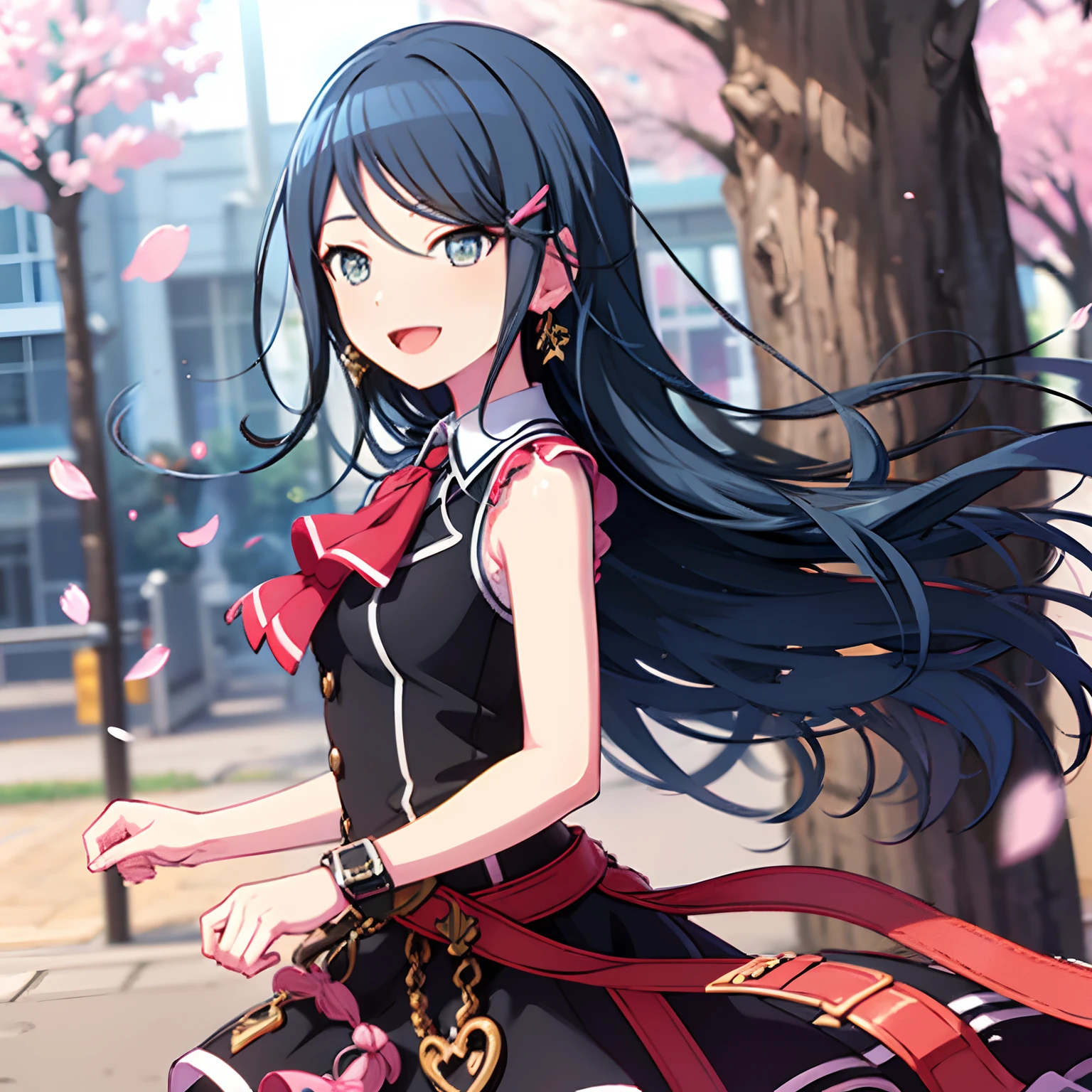 black eyes, ichika3rd, looking at viewer, smile, open mouth, hair ornament, dress, bow, ribbon, holding, hair between eyes, bare shoulders, brown eyes, jewelry, standing, flower, :d, cowboy shot, earrings, outdoors, frills, sleeveless, day, hairclip, shiny, belt, white dress, blurry, shiny hair, tree, fingernails, wrist cuffs, plaid, bare arms, petals, ascot, dutch angle, neck ribbon, floating hair, sleeveless dress, depth of field, blurry background, happy, sunlight, wing collar, cherry blossoms, wind, buckle, pink flower, tsurime, headset, backlighting, light blush, black belt, belt buckle, dot nose, collared dress, red ascot, pink theme, loose belt, spring (season)