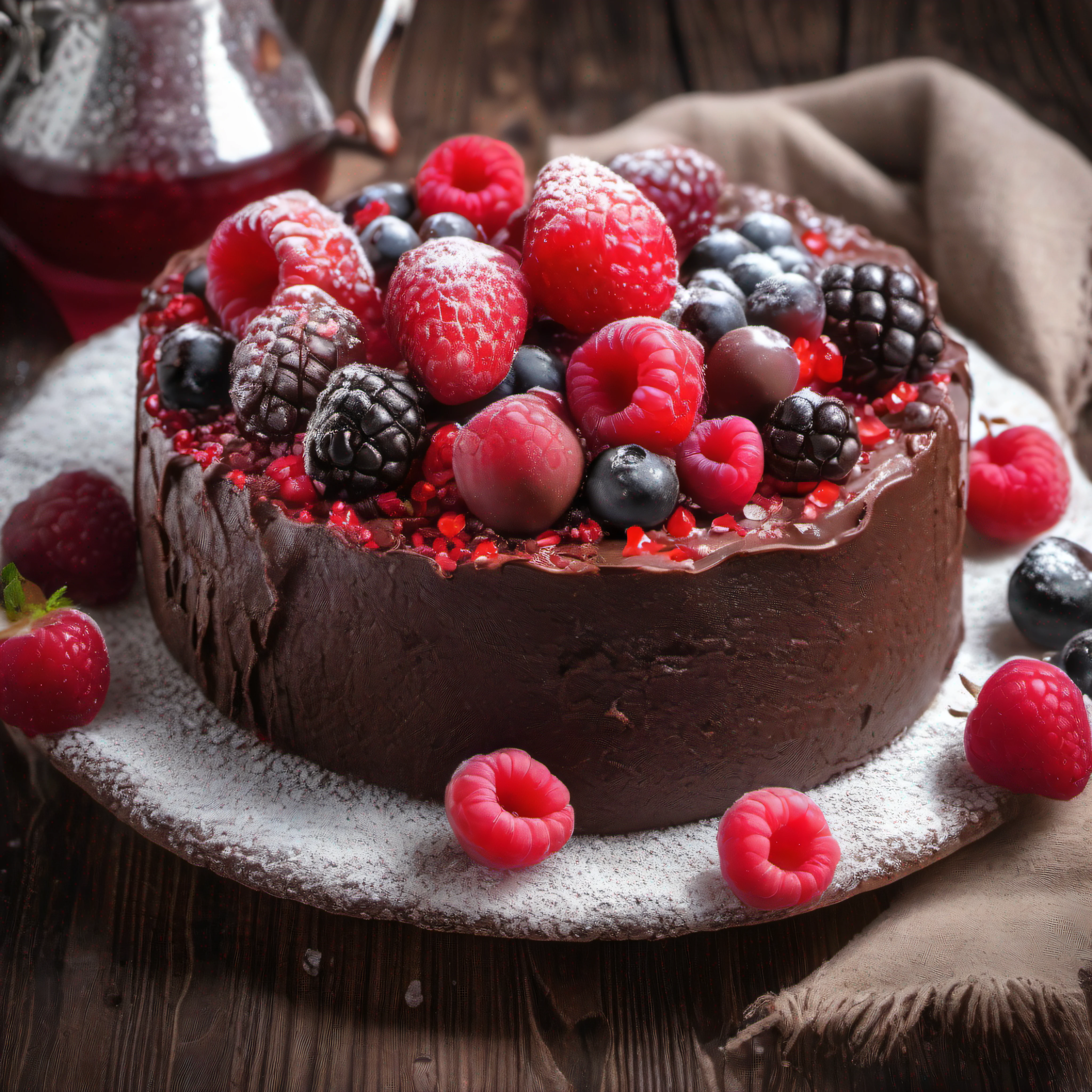 Um delicioso bolo de chocolate cobertura escorrendo pelo bolo, topped with red fruits speckled with sugar, texturas detalhadas sobre uma mesa de madeira, saboroso, quente, foto promocional, detalhes intrincados, hdr, adobe lightroom, altamente detalhado