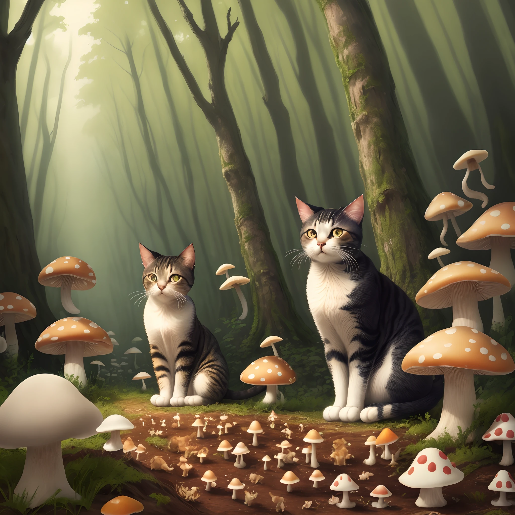 Cat in a forest of mushrooms