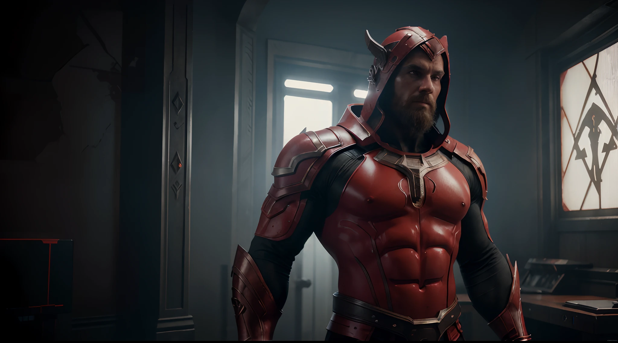 bodybuilder viking in red and white trinity suit | 3 d render of a octane render of a religious dystopian sci - fi digital painting artwork by artgerm and greg rutkowski and alphonse mucha | dark atmosphere, harsh lighting, cinematic lighting, detailed and intricate environment, 8 k, hd resolution, digital art, overdetailed art