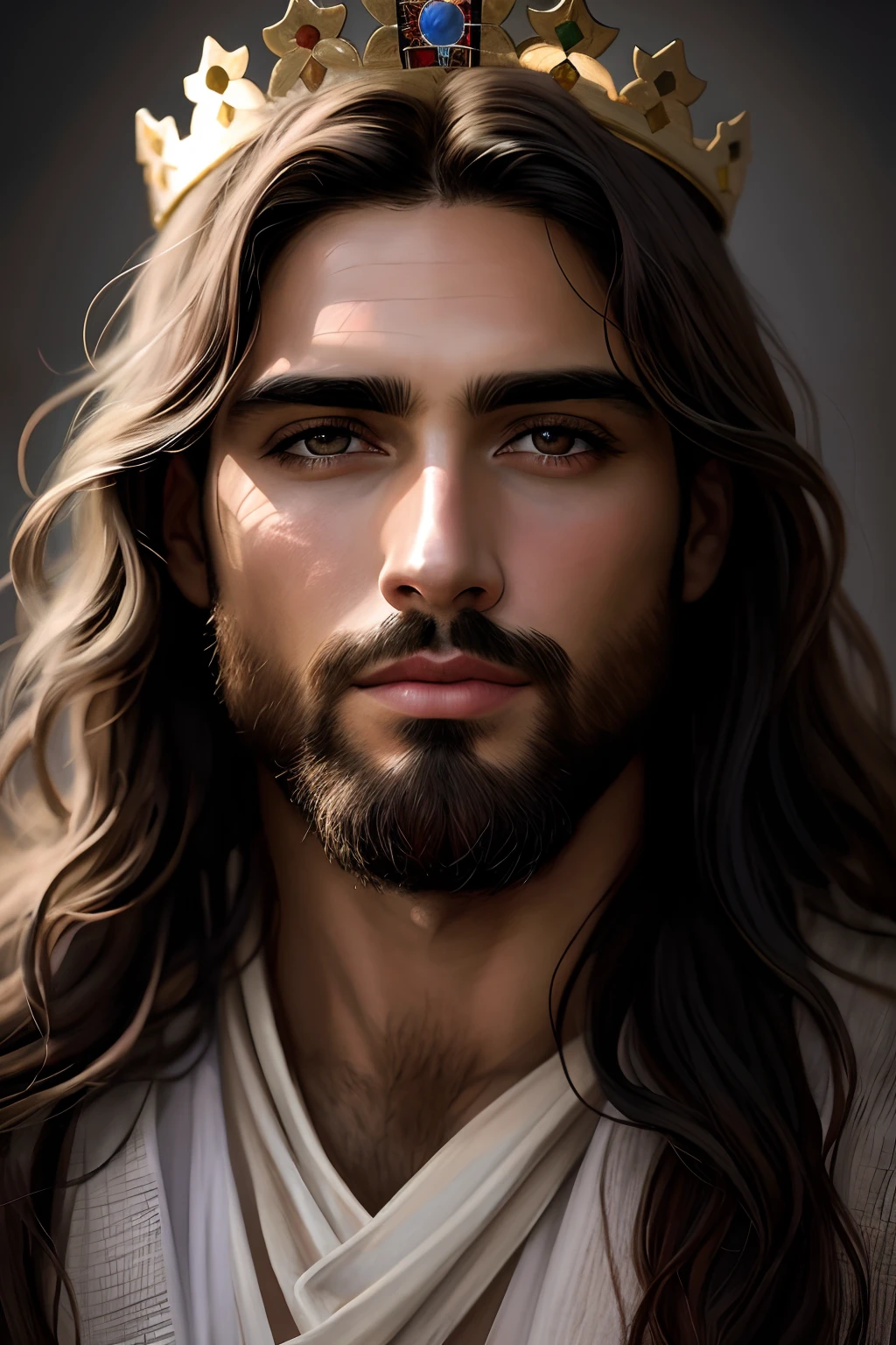 A closeup portrait imagem arrapada de um homem com cabelos compridos usando uma coroa, Retrato de Jesus Cristo, Jesus Cristo, rosto de Jesus, pintura digital ultra realista, Jesus, beautiful man, arte digital altamente realista, pintura digital fotorrealista, arte digital muito realista, bonito impressionante realista, rosto masculino bonito, jesus of nazareth, pintura digital realista, homem bonito, pintura digital hiper realista