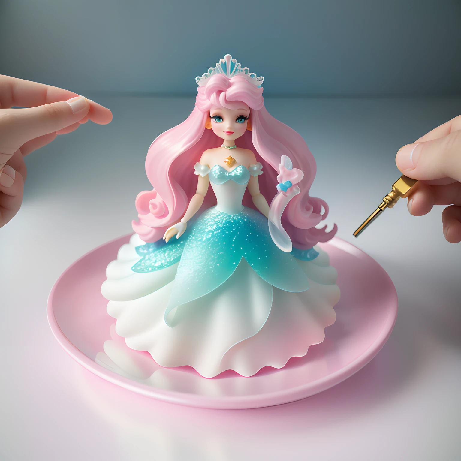 Disney Little Mermaid Doll Model Toy Figurine,white backgrounid,Dreamy and cute hair accessories, Popmart blind box, IP design, tchibi, Macaron color,solid color backdrop, clean backdrop, resin, Exciting, 3D rendering of , oc rendered, 8K, Soft focus, Super details with fine gloss ,
