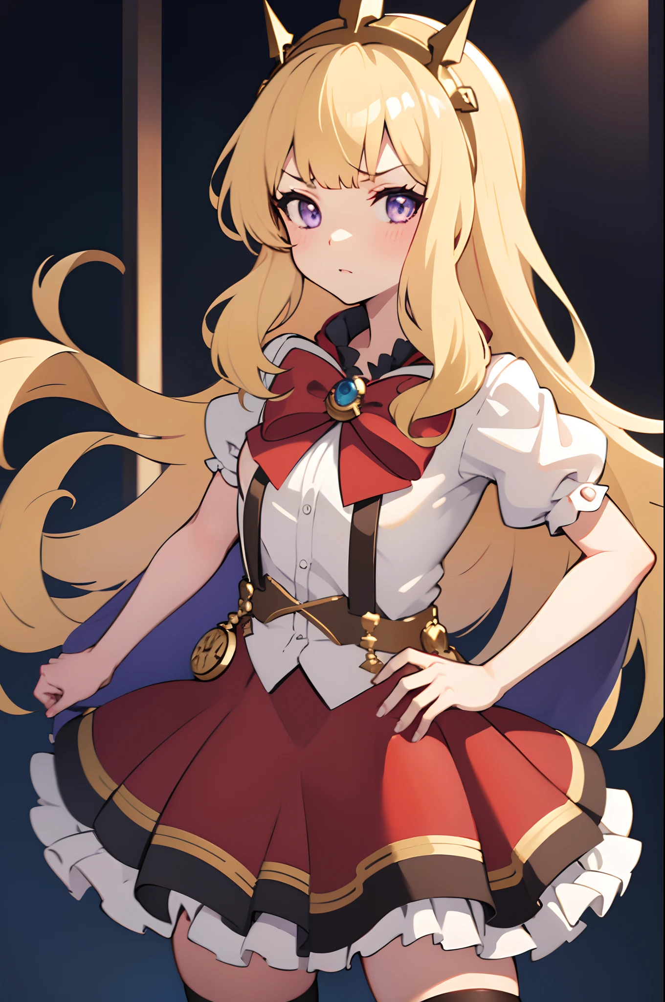 1girl, solo, close-up shot, blonde hair, purple eyes, Cagliostro, long hair, CagliostroBase, hairband, crown, black thighhighs, red bow, red skirt, cape, small breasts, serious, neutral, hand on hips, upper body, looking at viewer, indoors, straight up shot, dark room, dungeon, scenery, black lights white lights, masterpiece, illustration, 8k, best quality