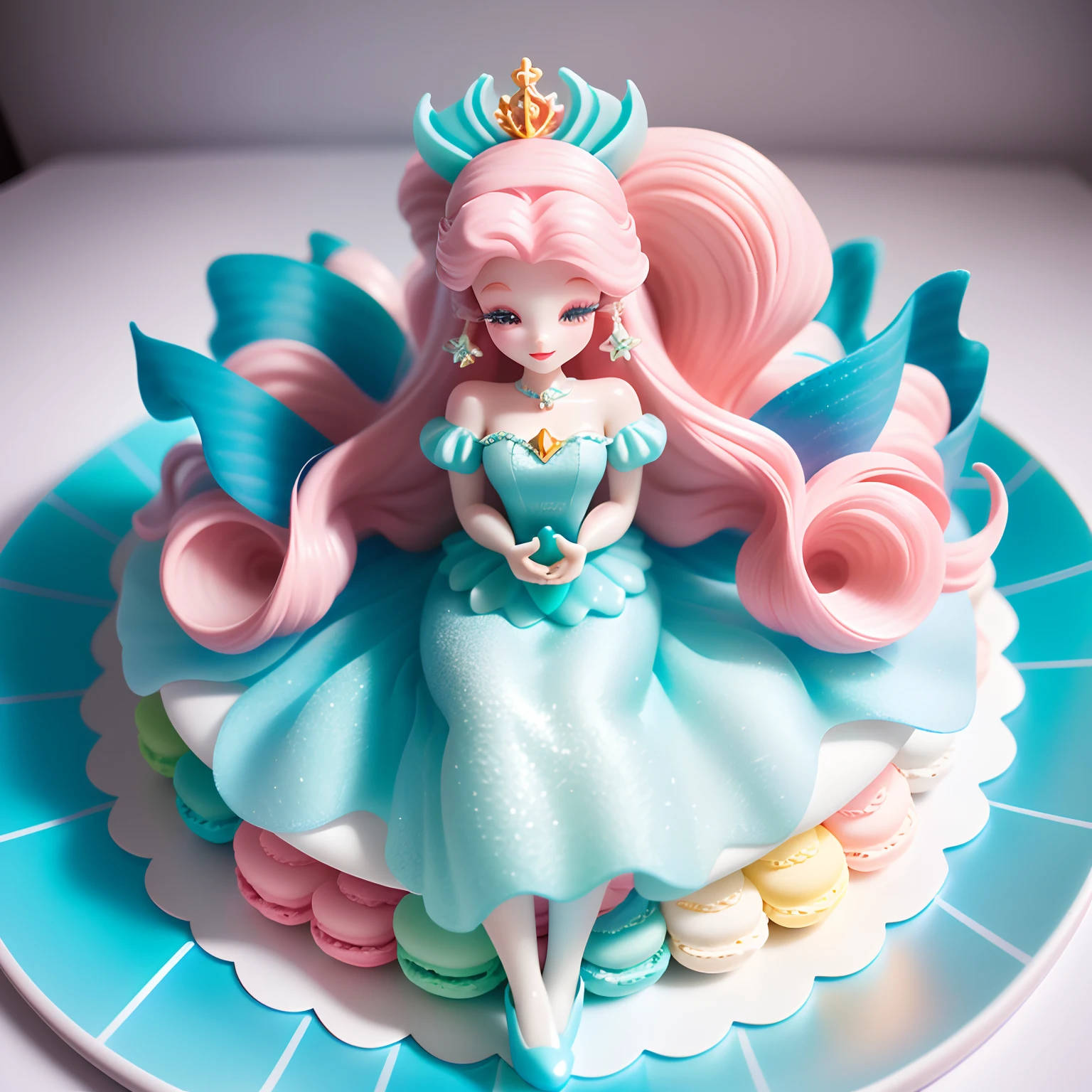 Disney Little Mermaid Doll Model Toy Figurine,white backgrounid,Dreamy and cute hair accessories, Popmart blind box, IP design, tchibi, Macaron color,solid color backdrop, clean backdrop, resin, Exciting, 3D rendering of , oc rendered, 8K, Soft focus, Super details with fine gloss ,