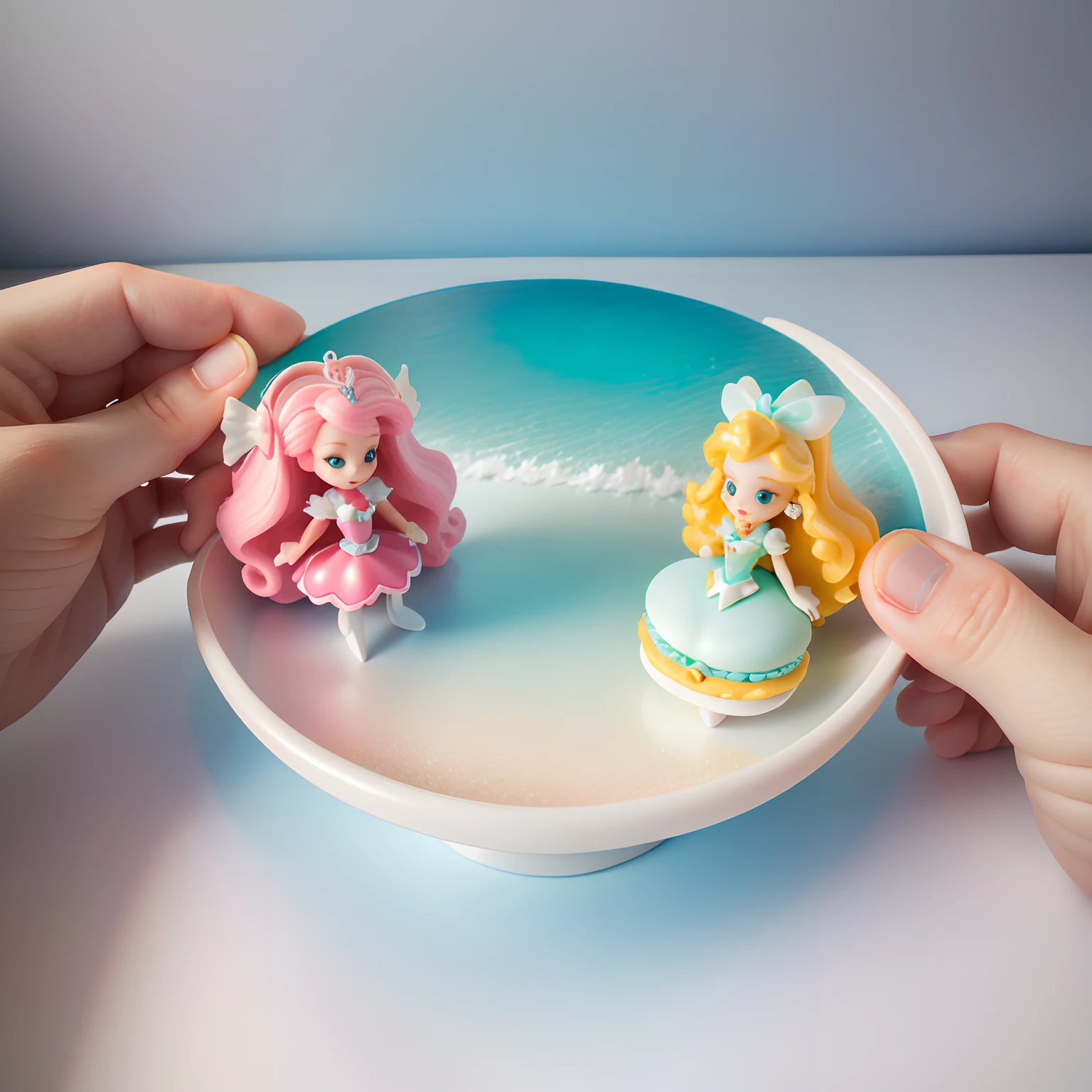 Disney Little Mermaid Doll Model Toy Figurine,white backgrounid,Dreamy and cute hair accessories, Popmart blind box, IP design, tchibi, Macaron color,solid color backdrop, clean backdrop, resin, Exciting, 3D rendering of , oc rendered, 8K, Soft focus, Super details with fine gloss ,