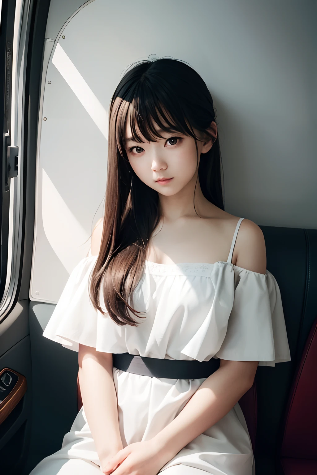 top-quality、masterpiece、超A high resolution、(Photorealsitic:1.4)、Raw foto、(Authentic skin texture:1.3)、(film grains:1.3)、the panorama、Character Portrait、Very Wide Shot、narrow waists、cowboy shot、(Dark、deep-shadows、lowkey、In the cold light、)natta、a closeup、Streaming Tears、
dust particles、Tindall Effect、hanikami、embarrassed from、sitting on、gently smiling、1girl in、beautiful detailed eyes and face、White Jabot、off shoulders、Brown-eyed、Car passenger seat、Sit up