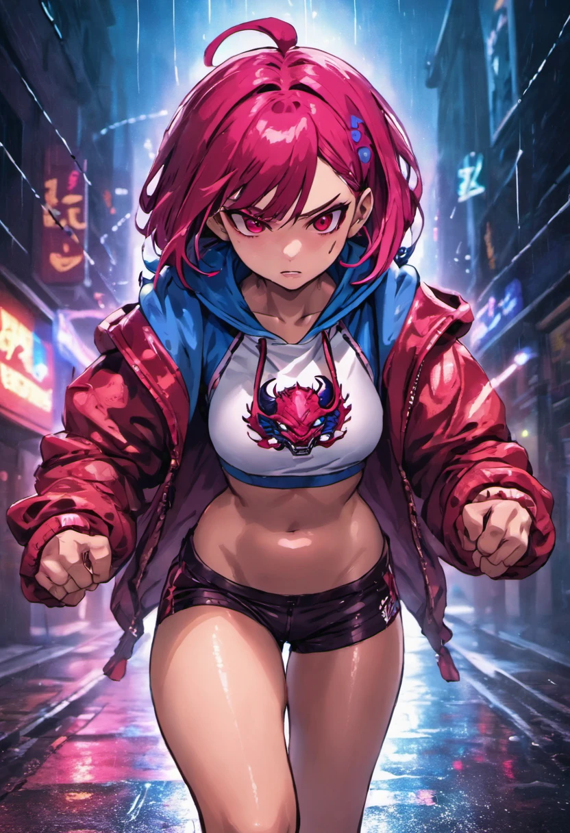 fotografia de close-up, jovem mulher cyberpunk confiante com cabelos castanhos e rosa cacheados, wearing a hoodie with red and blue dragon print designs, on a rain-soaked street at night, fotorrealista, Cinematic lighting, usando shorts esportivo, Wearing a sports bra visible by the blouse with an open zipper, vista do corpo inteiro, defined abdomen, muscles in the arms and legs, wearing white sneakers, pele parda
