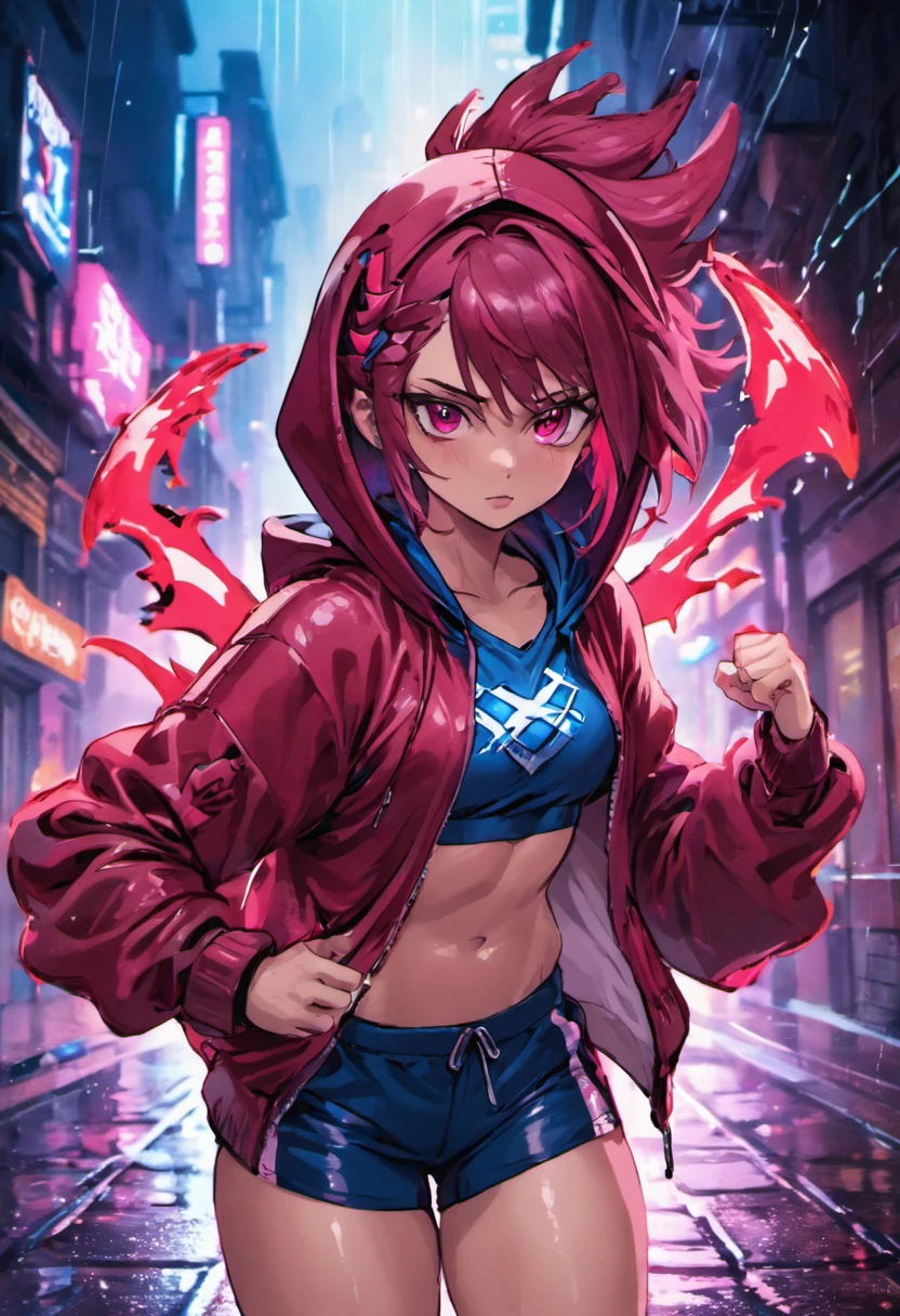 fotografia de close-up, jovem mulher cyberpunk confiante com cabelos castanhos e rosa cacheados, wearing a hoodie with red and blue dragon print designs, on a rain-soaked street at night, fotorrealista, Cinematic lighting, usando shorts esportivo, Wearing a sports bra visible by the blouse with an open zipper, vista do corpo inteiro, defined abdomen, muscles in the arms and legs, wearing white sneakers, pele parda