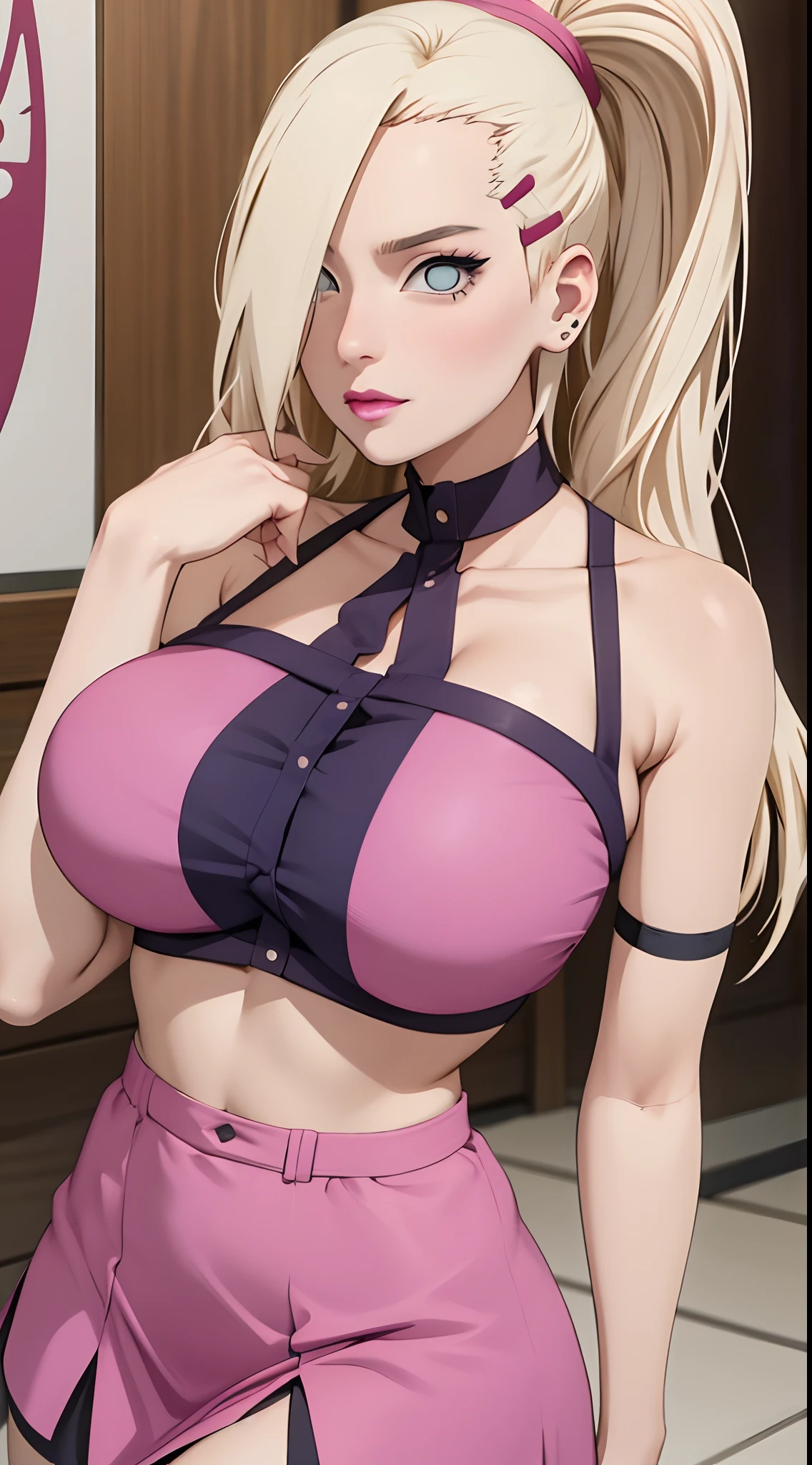 ino yamanaka, spaghetti strap top,high waist short skirt, big breast, beautiful face, (pink lips), seductive expression,