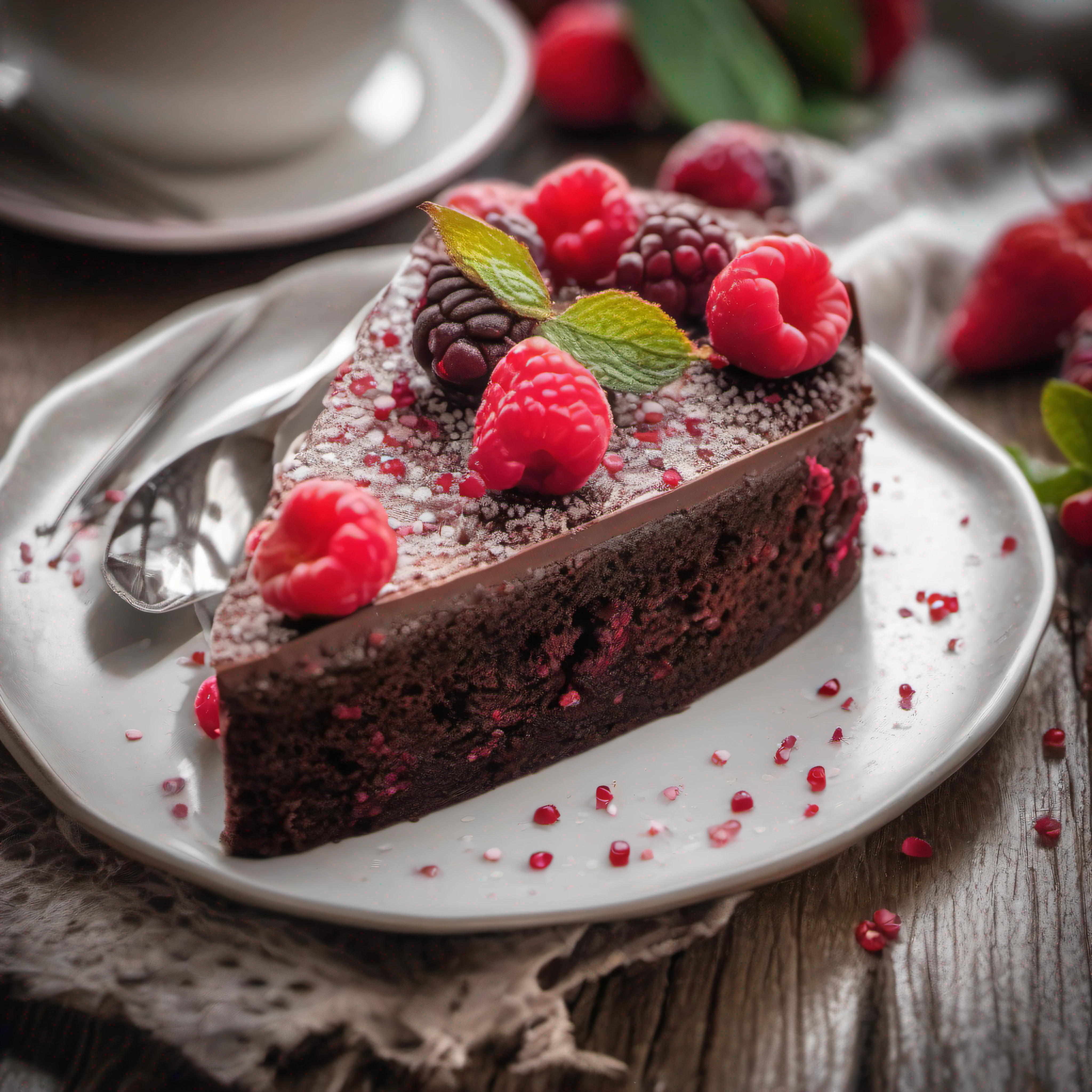 Um delicioso bolo de chocolate cobertura escorrendo pelo bolo, topped with red fruits speckled with sugar, texturas detalhadas sobre uma mesa de madeira, saboroso, quente, foto promocional, detalhes intrincados, hdr, adobe lightroom, altamente detalhado