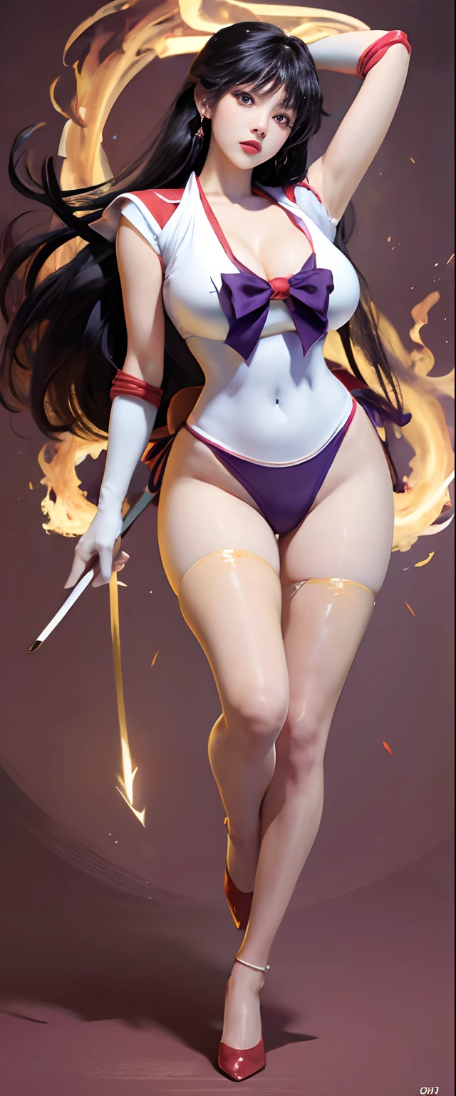 Rei Naruno who matches the original painting of Sailor Moon,delicated face,Purple bow,Sailor Mars Fire Seaweed, full bodyesbian,Japanese sailor suit,White V-neck top,High-waisted red bikini,Flesh-colored oily stockings to the waist,White combat gloves,warrior dress, Short top, , Golden decoration, Star-shaped brooch, Split front design, High split end,high-heels,huge tit,gigantic cleavage breasts,huge boob