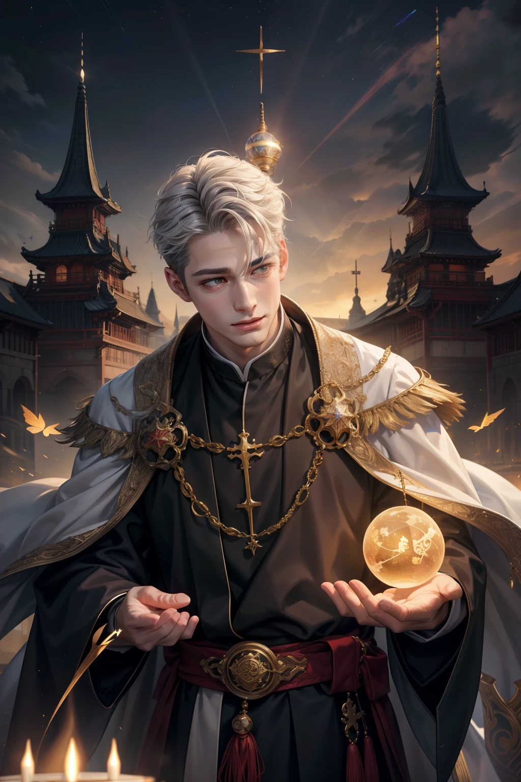 （absurderes，intricately details，tmasterpiece，best qualtiy，A high resolution，8k），1 male，male people，年轻，Older age，horrid，finely detailed eyes and face，Short gray back and side hair，Black eyes，sportrait，looking at viewert，独奏，（full bodyesbian：0.6），detailedbackground，（Root branch AI topic：1.1） glowing light eyes，gently smiling，Highly fantastical，clergy，Cast healing spells，Hovering in the air，rays of sunshine， Flying colorful butterflies，Colorful cloak，mitts，Magic Sphere，Sacred incantations，supernatural power，Bright and realistic lighting，Marble castle in the background，tranquil ambiance，A crown of light hovering overhead，depth of fields，vfx。