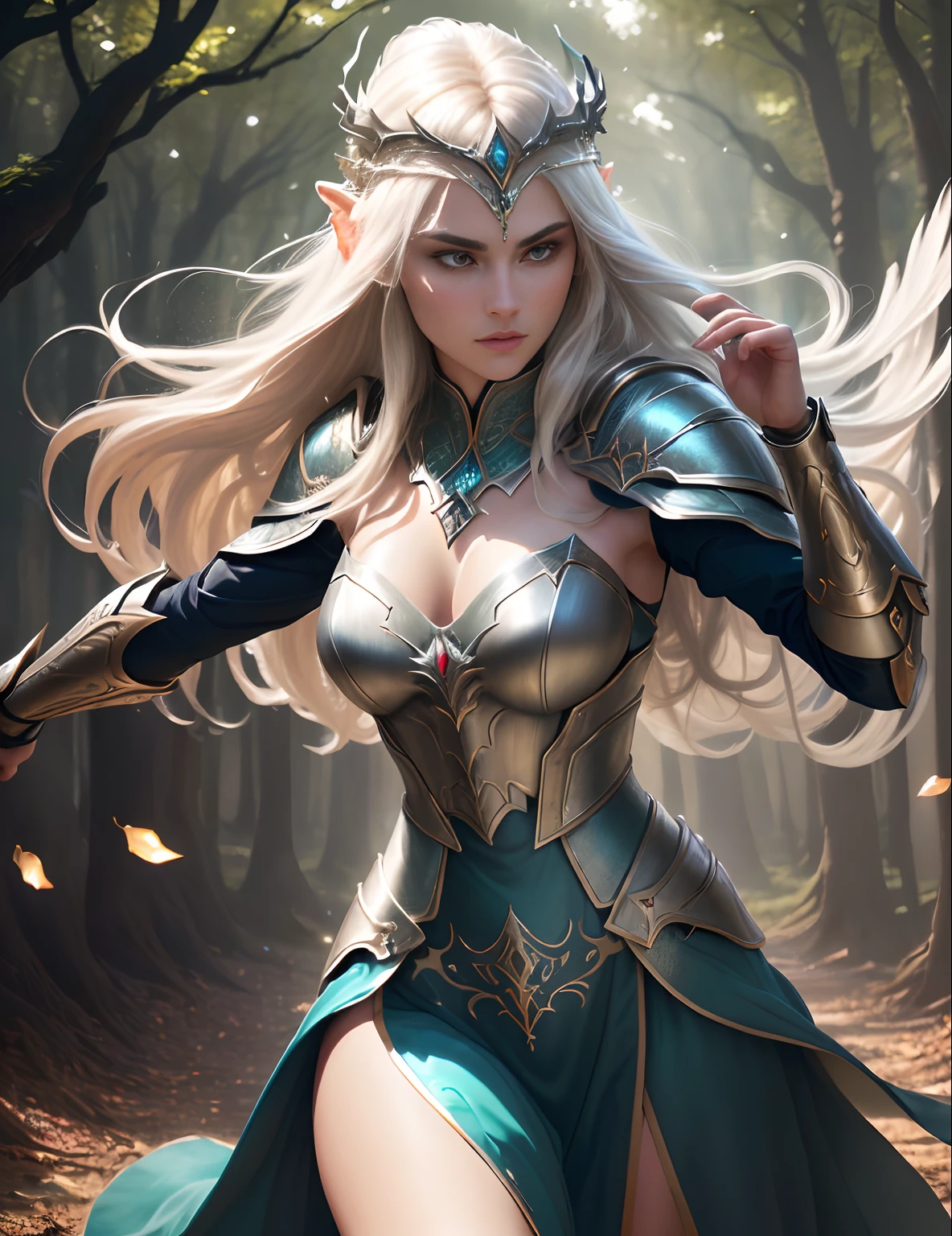 (best quality,4k,8k,highres,masterpiece:1.2),ultra-detailed,(realistic,photorealistic,photo-realistic:1.37),elf warrior,beautiful shiny long hair,stylish dark clothing,piercing eyes,strong and confident stance,mysterious forest background,dimly lit with rays of sunlight,medieval fantasy setting,vivid colors,sharp focus,magical atmosphere,visually stunning,ethereal beauty,powerful weaponry,elven elegance,sword and shield,enchanted armor,artistic concept,high contrast lighting,captivating facial expression,striking details,majestic warrior,unleashing magic spell,temporal rift effect,mystical creatures in the background,dynamic pose,elaborate headdress,captivating composition,heroic adventure.