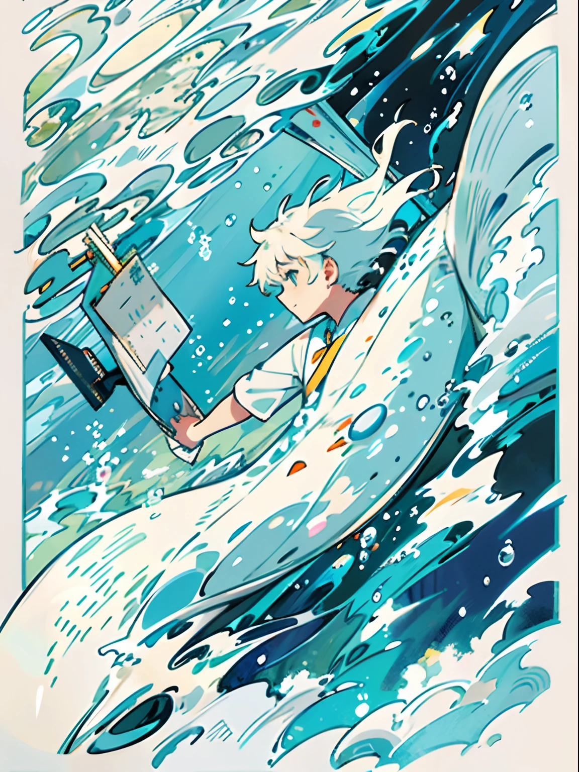 illustration:The boy in white swims with whales at the bottom of the sea,The surrounding bubbles slowly rise,Sunlight shines obliquely into the water