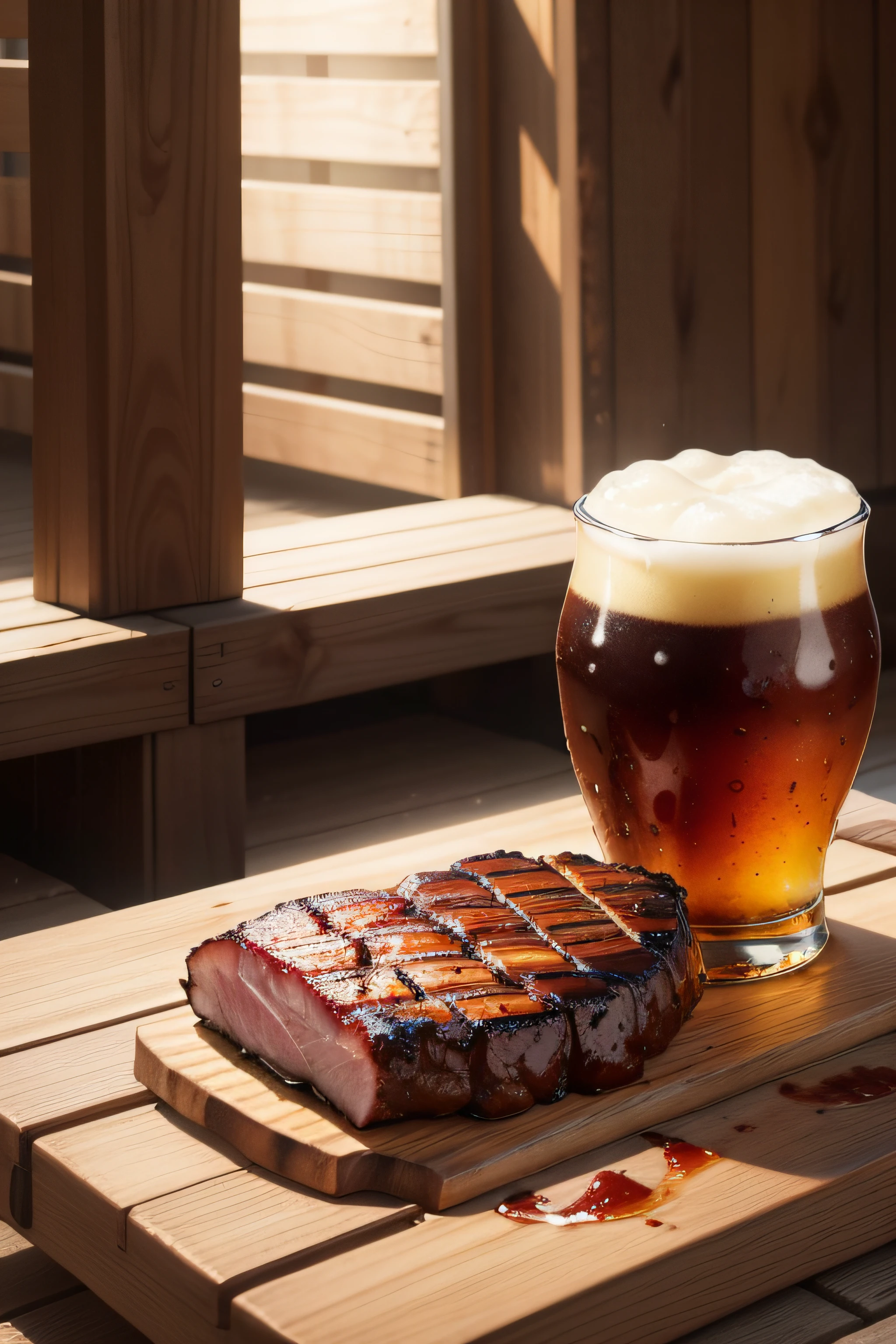 A juicy barbecue meat with grill marks on a wooden board with a stupidly cold beer on the side, saboroso, foto promocional, detalhes intrincados, hdr, cinemactic, adobe lightroom, altamente detalhado