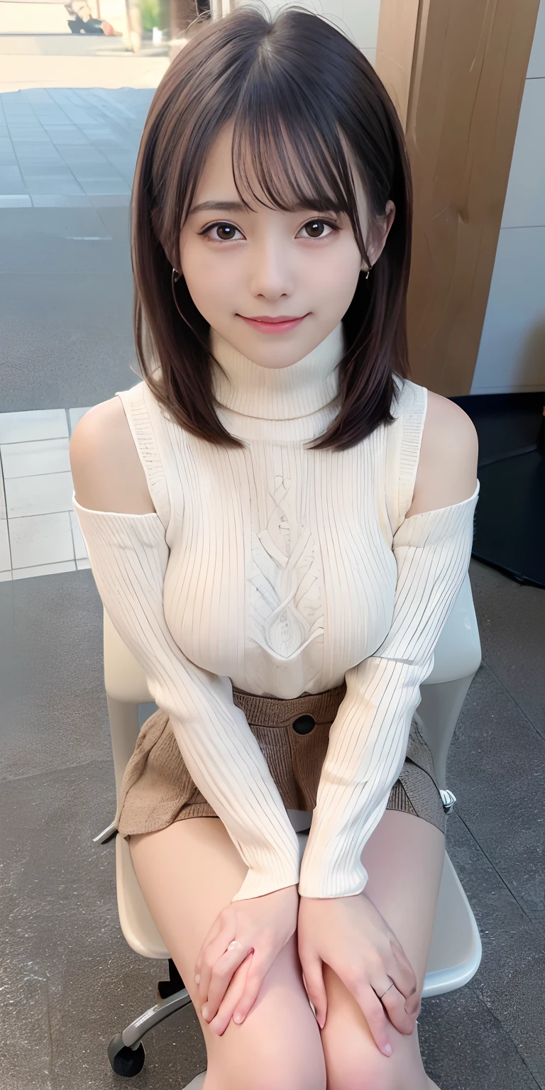 masutepiece, Best Quality, Ultra-detailed, finely detail, hight resolution, 

Raw photo, (8K Highest Quality、​masterpiece:1.2),
(intricate detailes:1.4),
(Photorealsitic:1.4),
octane renderings,
Complex 3D rendering ultra detail, 
Studio Soft Light, 
Rim Lights, 
vibrant detail, 
super detailing, 
realistic skin textures, 
Detail Face, 
Beautiful detail eyes, 
Very detailed CG Unity 16k wallpaper, 
make - up, 
(detailedbackground:1.2),
((Photorealsitic:1.4, Raw photography, 超A high resolution,Top image quality: 1.4)), 
Wallpaper, 
very detailed and professional lighting,
((Random blurry background)), 

((Perfect whole body configuration1.5)), 
((((23-year-old girl :1.5)))) 
((Beautiful detailed eyes, Natural Color Lip,Clean face、Gaze staring at the camera,Lashes,big eye,Distinct double eyelids,Tear mole,glowy skin,Clean skin quality,lipgloss)),
((breastsout、under look eyes、Mole on the arm:1.5)), 
((A big smile:1.5)),
((Random and cute facial expressions:1.5)),
((Random and cute hairstyles)), 
shinny skin, 
Full body、
cleavage of the breast,
((angle from bellow))
((large breasts size)), 
((Random and cute turtleneck knits:1.5)),
((Micro mini skirt with thigh visible:1.5)), 
((Sit on a chair、cross one's legs:1.5)), 
((Bright sunshine in Tokyo:1.5)), 
((Wink)), 
((Dark brown long boots)), 
((Holding the jacket in your hands))