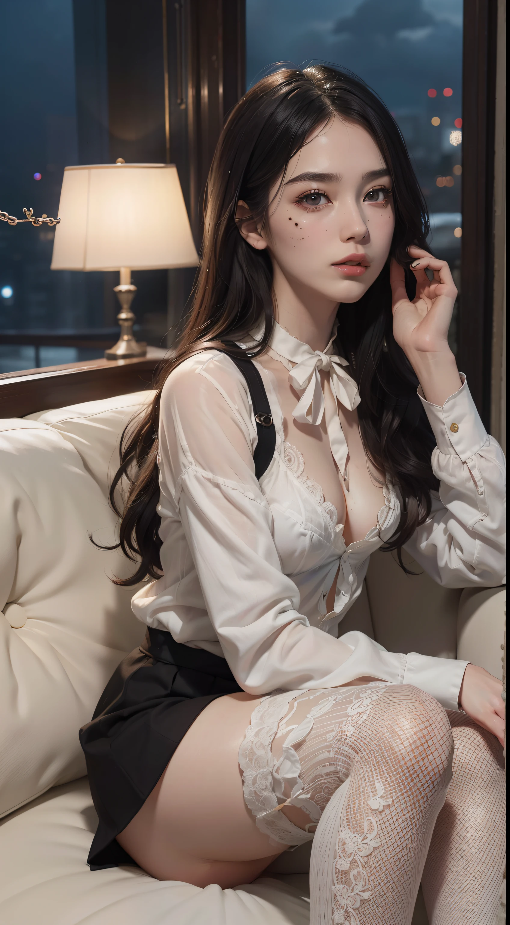 (Hyper-realistic), (Illustration), (High resolution), (8K), (Extremely detailed), (Best Illustration), Yol ( chain saw man ), (Beautiful detailed eyes), (Best Quality), (Ultra-detailed), (masutepiece), (Wallpaper), (Detailed face), Solo, Upper body, Focus on Face, 1 girl, Long Black Hair, Korean, Thin eyeshadow, A detailed eye, Brown eyes, Small moles under the eyes, very slender legs,Please wear a long-sleeved shirt.., Neckbow, Small breasts,Smaller chest,Black knee socks, Dynamic Pose, low illuminance, Night, Dark, Clouds, a dark night,sit on sofa,Happy,White panty,White bra,