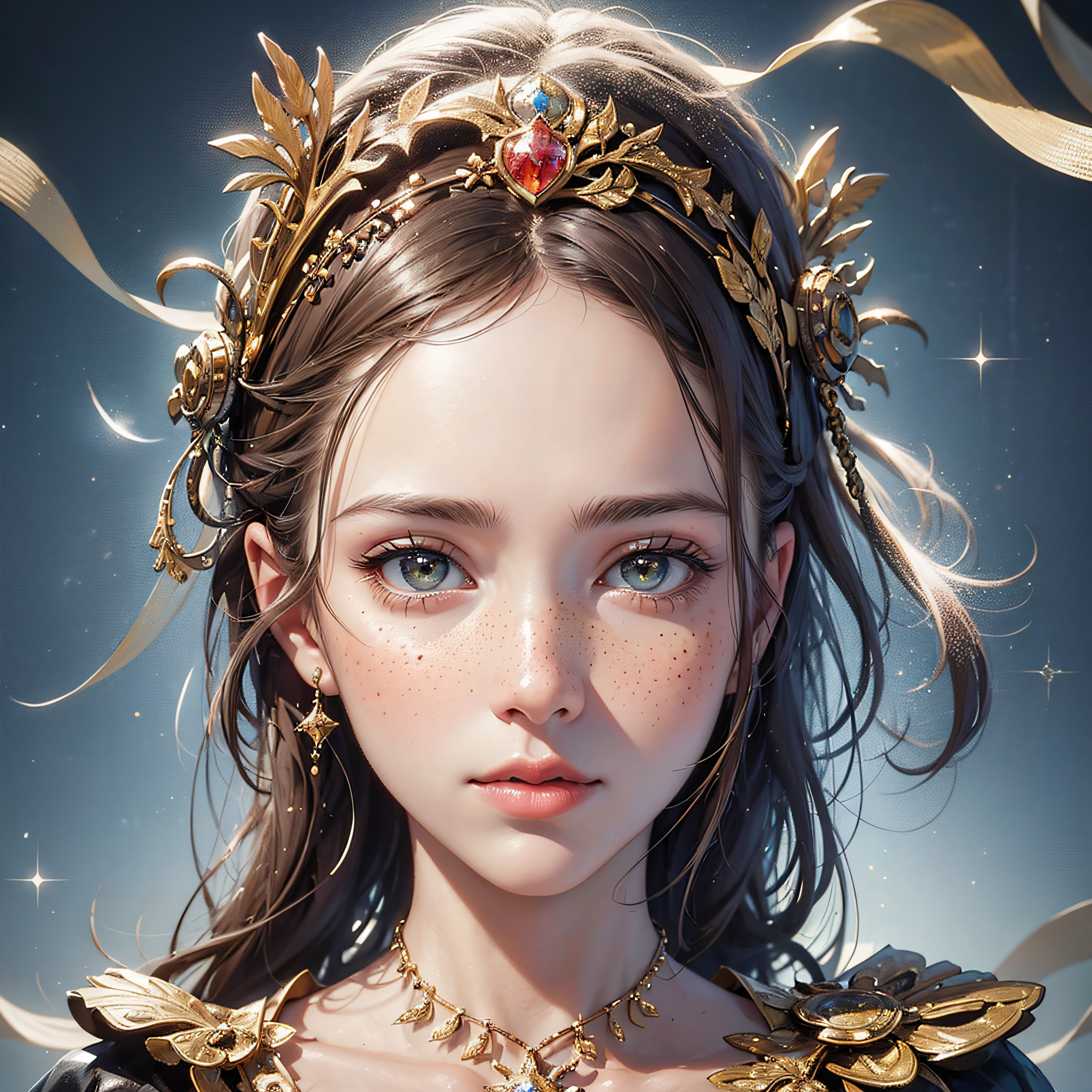 In a beautiful Renaissance landscape, one girl is projected with sharp focus, cinematic lighting hits textured skin, creating a masterpiece with ultra-detailed and reflected light.