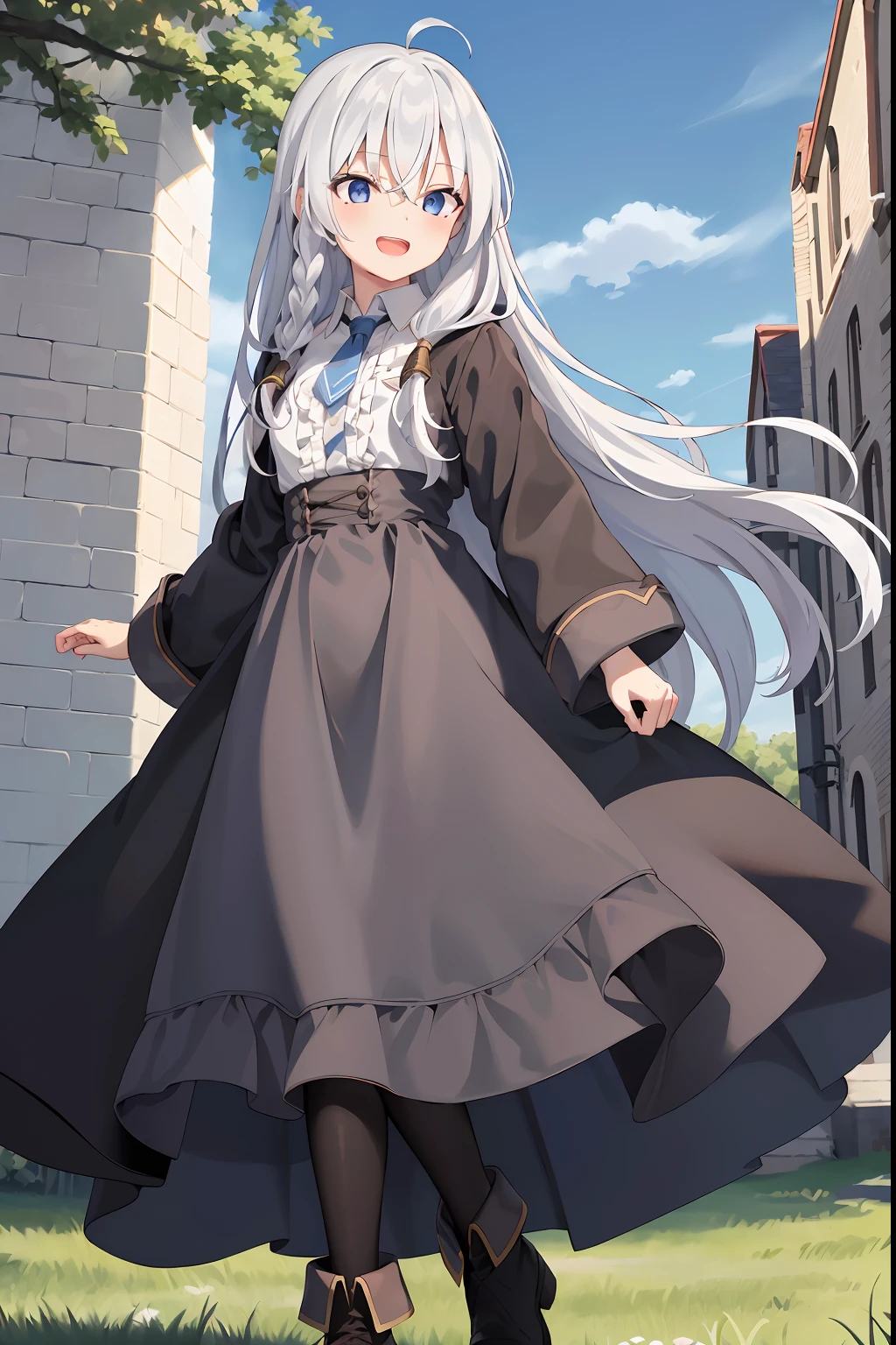 (masterpiece, best quality, highres),
elaina, solo, skirt, white legwear, shirt, smile, long hair, open mouth, sky, white shirt, thighhighs, blue necktie, looking at viewer, :d, long sleeves, boots, white thighhighs, upper teeth only, cloak, brown skirt, water drop, cloud, high heels, black footwear, frills, braid, outdoors, high-waist skirt, collared shirt, robe, black robe, open robe