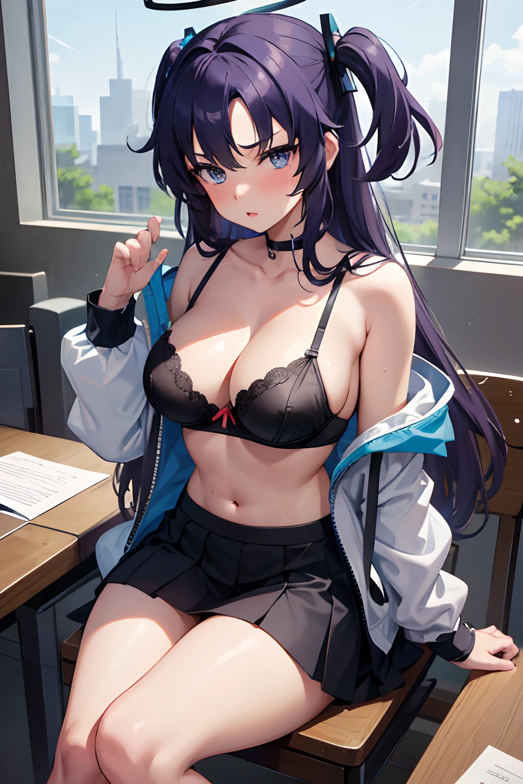 8k, highres, ultra detailed, (masterpiece:1.4),, 1 girl , black bra , black skirt , blue eyes , blush , bra , chair , halo , large breasts , locker , miniskirt , navel , open clothes , open shirt , parted lips , picture frame , pleated skirt , purple eyes , purple hair , shirt tucked in , sitting , solo focus , sweat , thighs , underwear , v-shaped eyebrows, yuuka (blue archive)