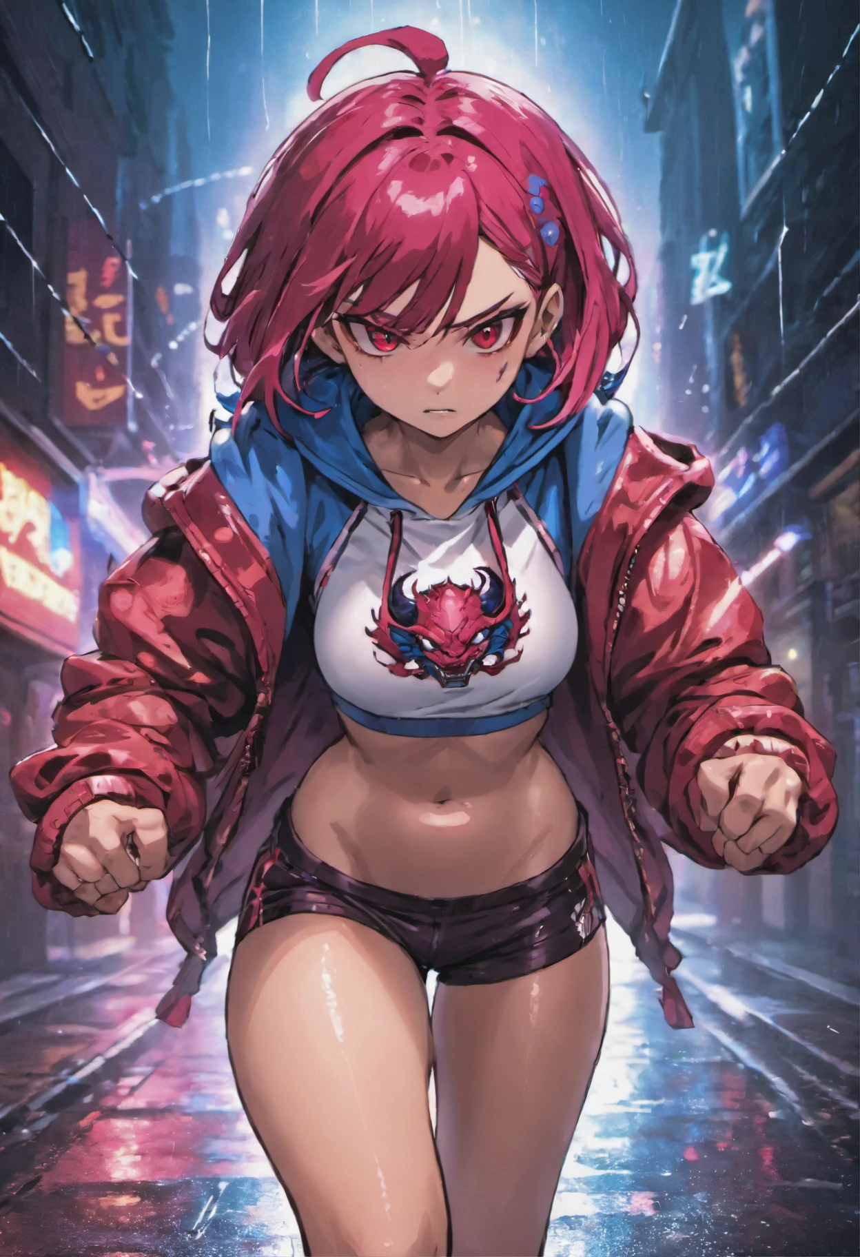 fotografia de close-up, jovem mulher cyberpunk confiante com cabelos castanhos e rosa cacheados, wearing a hoodie with red and blue dragon print designs, on a rain-soaked street at night, fotorrealista, Cinematic lighting, usando shorts esportivo, Wearing a sports bra visible by the blouse with an open zipper, vista do corpo inteiro, defined abdomen, muscles in the arms and legs, wearing white sneakers, pele parda