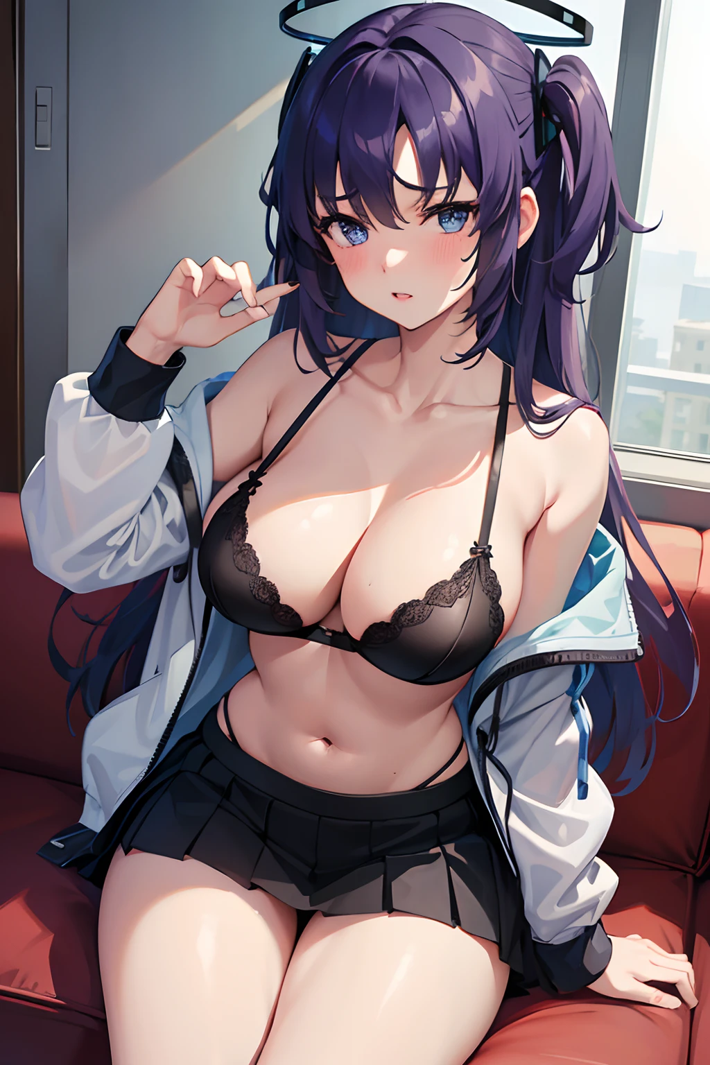 8k, highres, ultra detailed, (masterpiece:1.4),, 1 girl , black bra , black skirt , blue eyes , blush , bra , chair , halo , large breasts , locker , miniskirt , navel , open clothes , open shirt , parted lips , picture frame , pleated skirt , purple eyes , purple hair , shirt tucked in , sitting , solo focus , sweat , thighs , underwear , v-shaped eyebrows, yuuka (blue archive)