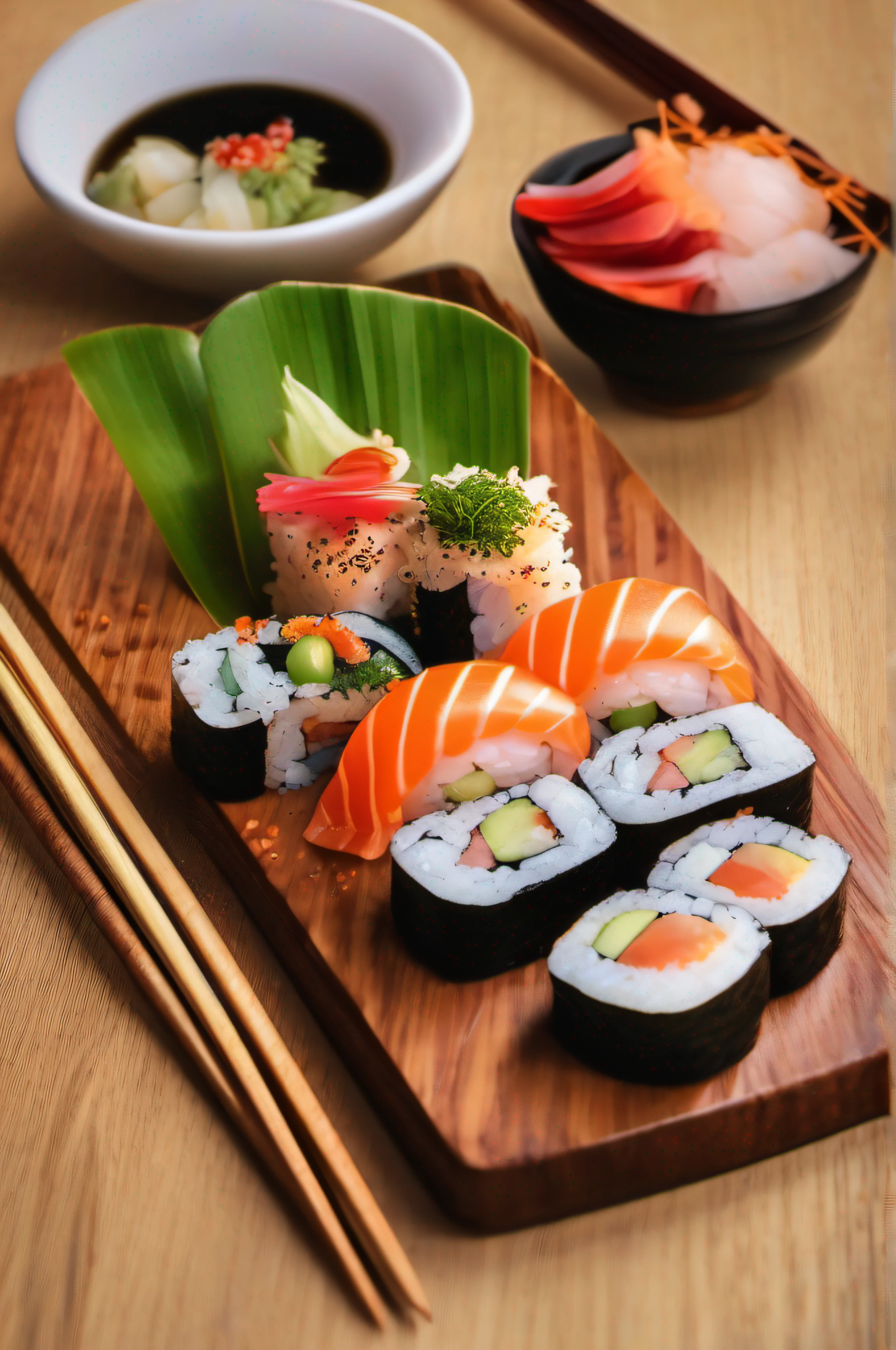 A delicious sushi on a wooden board, saboroso, foto promocional, detalhes intrincados, hdr, cinemactic, adobe lightroom, altamente detalhado
