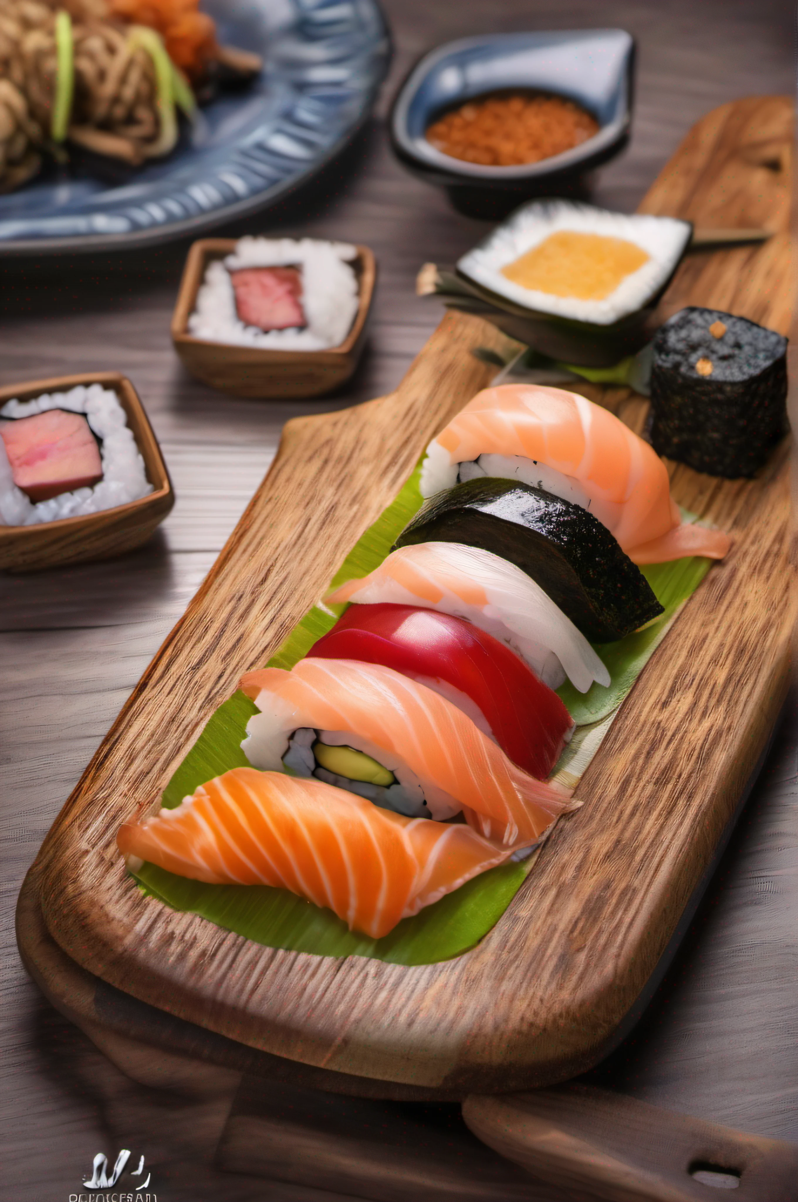 A delicious sushi on a wooden board, saboroso, foto promocional, detalhes intrincados, hdr, cinemactic, adobe lightroom, altamente detalhado