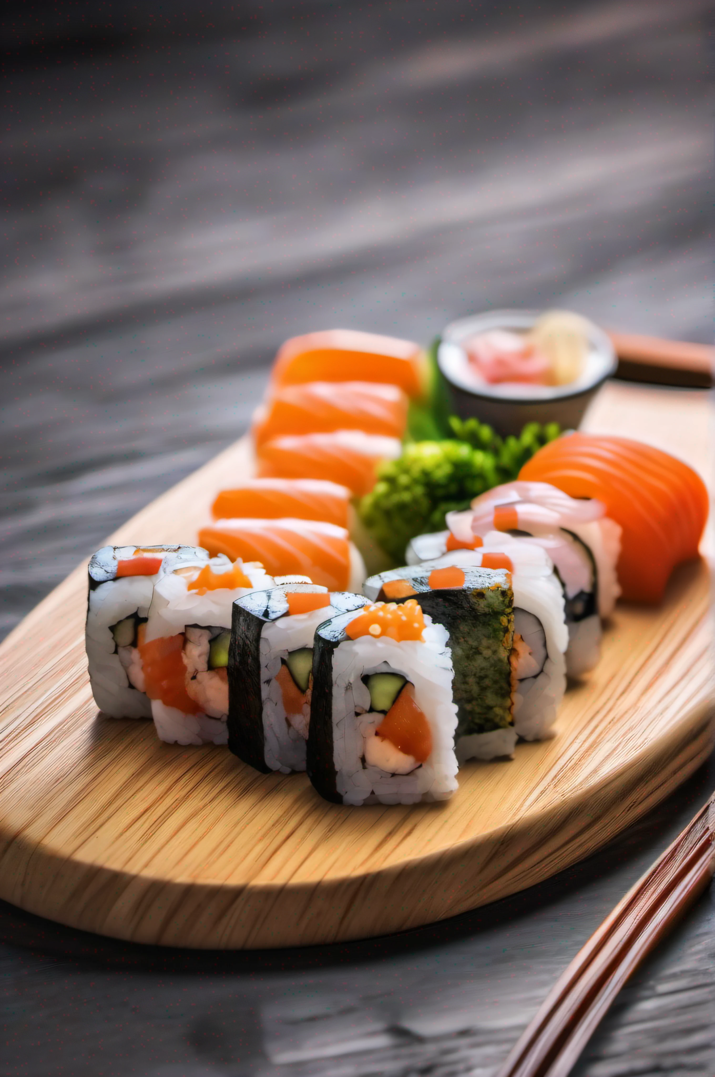 A delicious sushi on a wooden board, saboroso, foto promocional, detalhes intrincados, hdr, cinemactic, adobe lightroom, altamente detalhado