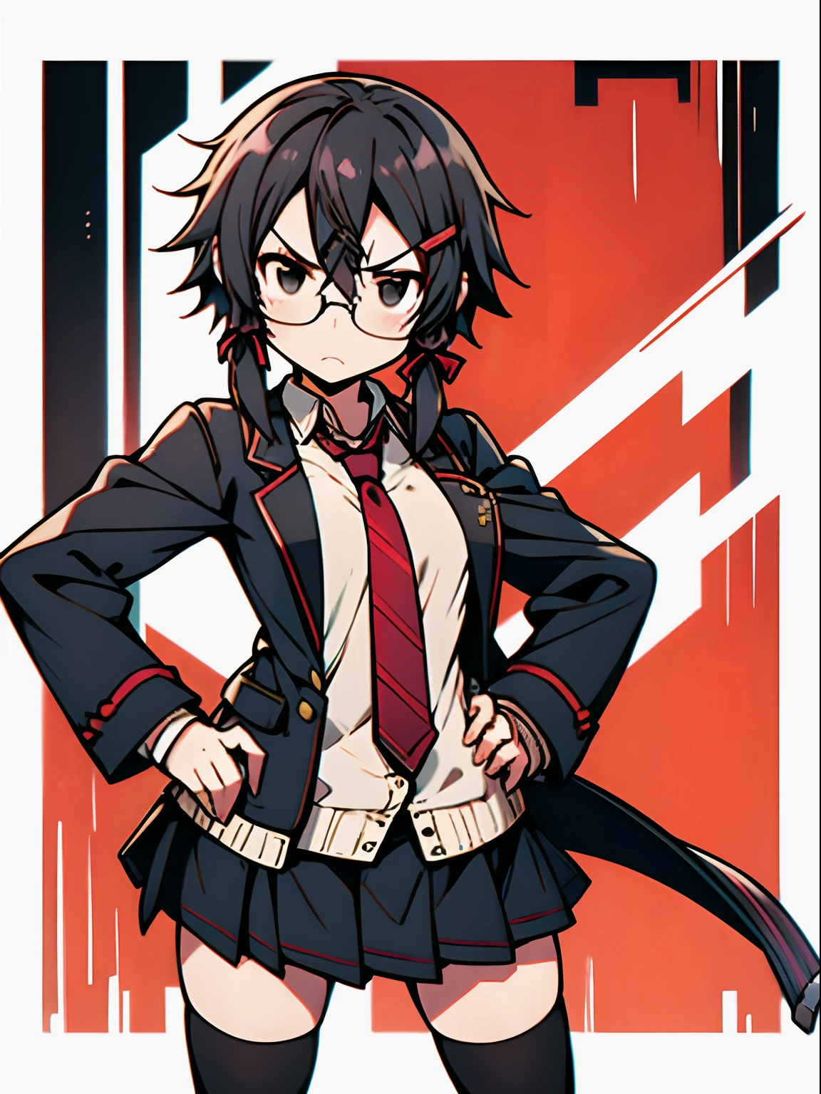 shino asada, (black eyes:1.5), black hair, hair between eyes, hair ribbon, short hair, sidelocks, glasses, hairclip, blazer, black jacket, black skirt, jacket, necktie, pleated skirt, red necktie, ribbon, school uniform, skirt, tress ribbon, hands on hip, angry, from below,