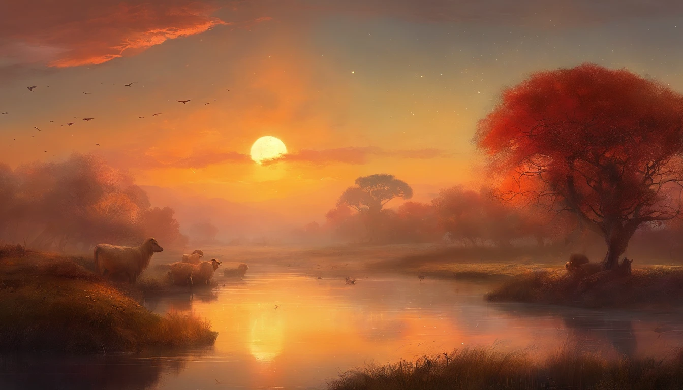 The wetland in the evening, winter, snowing, watering holes,sheeps,the water glistening, grazing cows and sheep, shrouded in the afterglow of the setting sun, the huge golden-red sun in the distant clouds, faintly discernible, filled with a mysterious atmosphere, (((no tree)),oli texture, by Brent Cotton