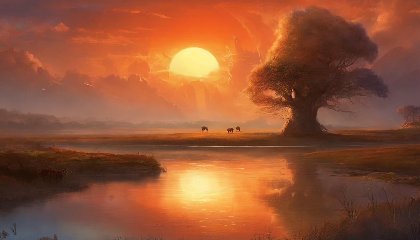 The wetland in the evening, winter, snowing, watering holes,sheeps,the water glistening, grazing cows and sheep, shrouded in the afterglow of the setting sun, the huge golden-red sun in the distant clouds, faintly discernible, filled with a mysterious atmosphere, (((no tree)),oli texture, by Brent Cotton