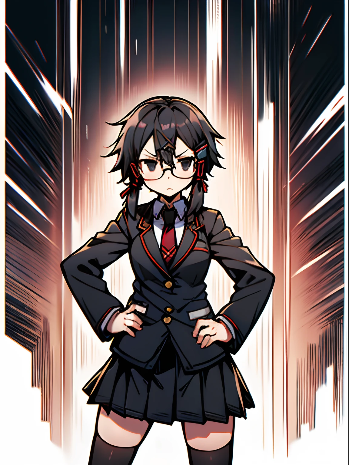shino asada, (black eyes:1.5), black hair, hair between eyes, hair ribbon, short hair, sidelocks, glasses, hairclip, blazer, black jacket, black skirt, jacket, necktie, pleated skirt, red necktie, ribbon, school uniform, skirt, tress ribbon, hands on hip, angry, from below,