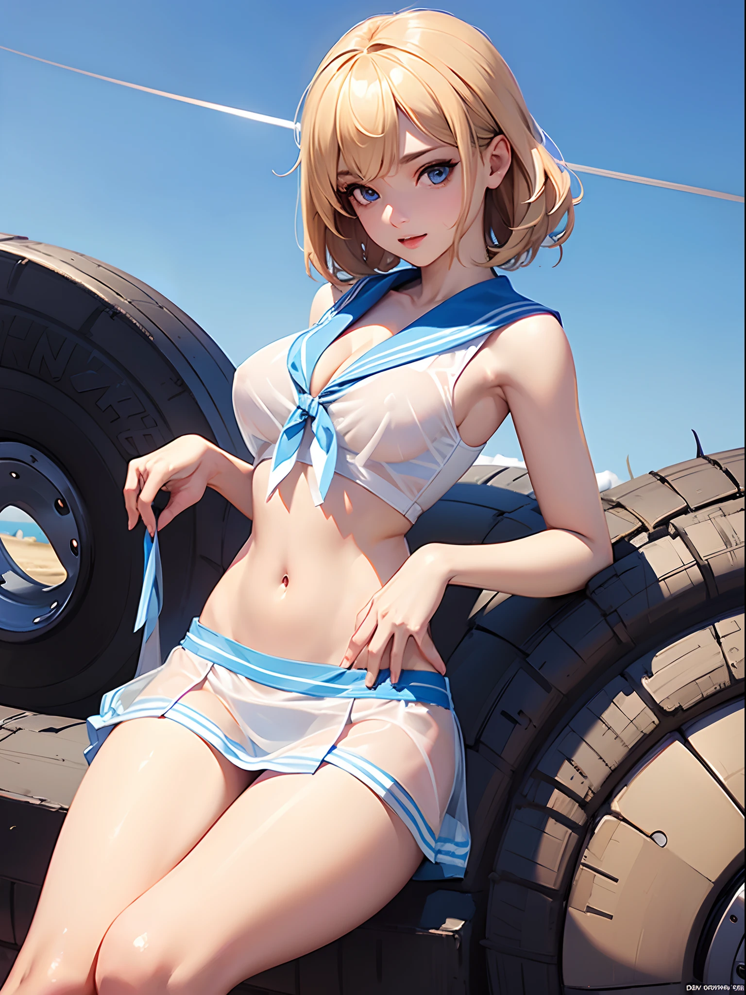 (((toppless))), (((Show off ))), (((Showing off the legs of the spread tread))), (((large full breasts))), (((show off cleavage))), extremely detailed CG unified 8k wallpaper, very fine 8KCG wallpaper, (masterpiece, Best Quality), High resolution, Ultra-detailed, ultra-sharp, 1 girl, full ,Naked, in beach, ((( Light sailor shirt, Sleeveless, Open front))), (((Navel ))), (((Sheer Micro Mini Skirt))), (Beautiful face, Cute face, Detailed face), (((Detailed beautiful eyes))), BREAK, (((Sunny))), Perfect Eyes Eyes